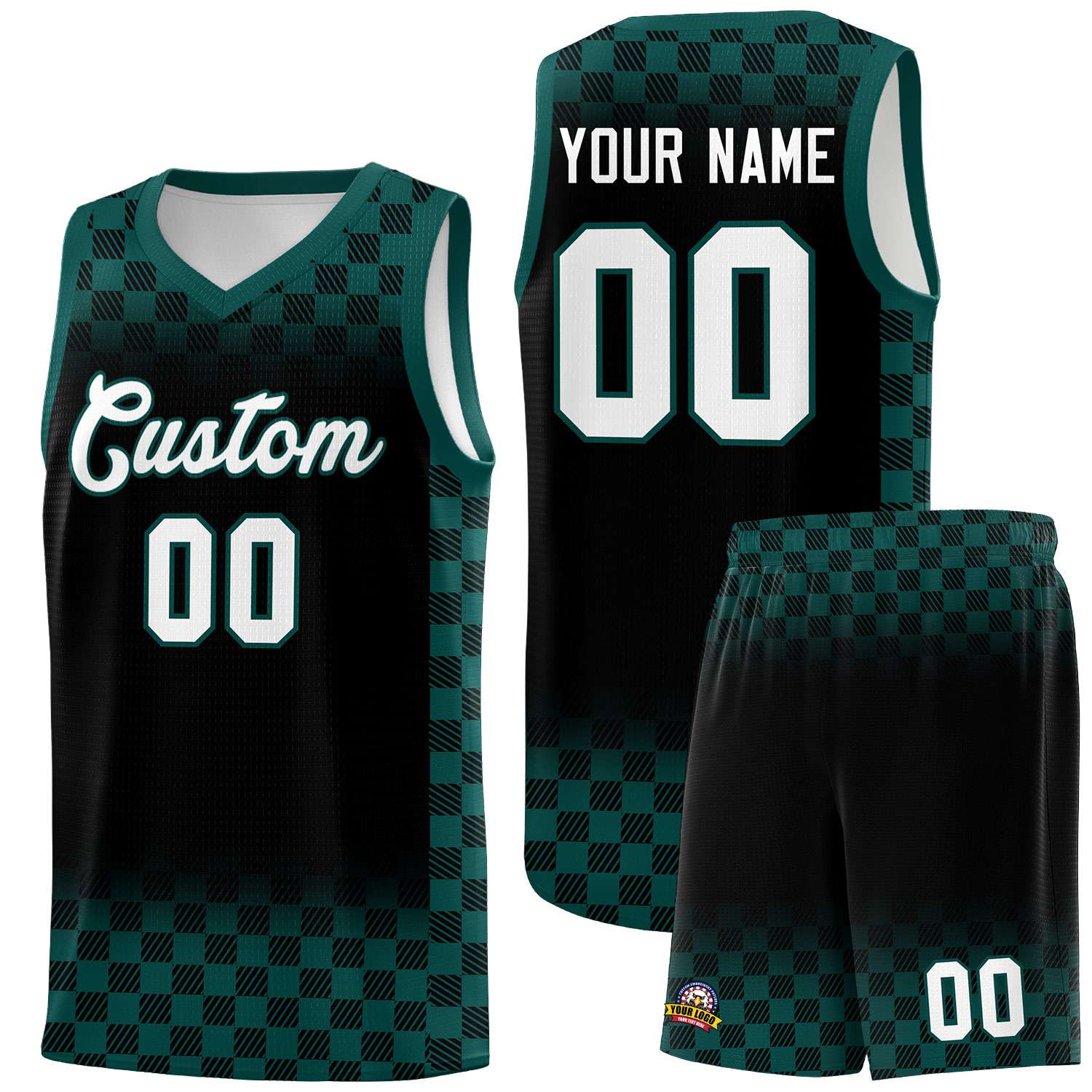 Custom Black Midnight Green Classic Plaid Pattern Sports Uniform Basketball Jersey