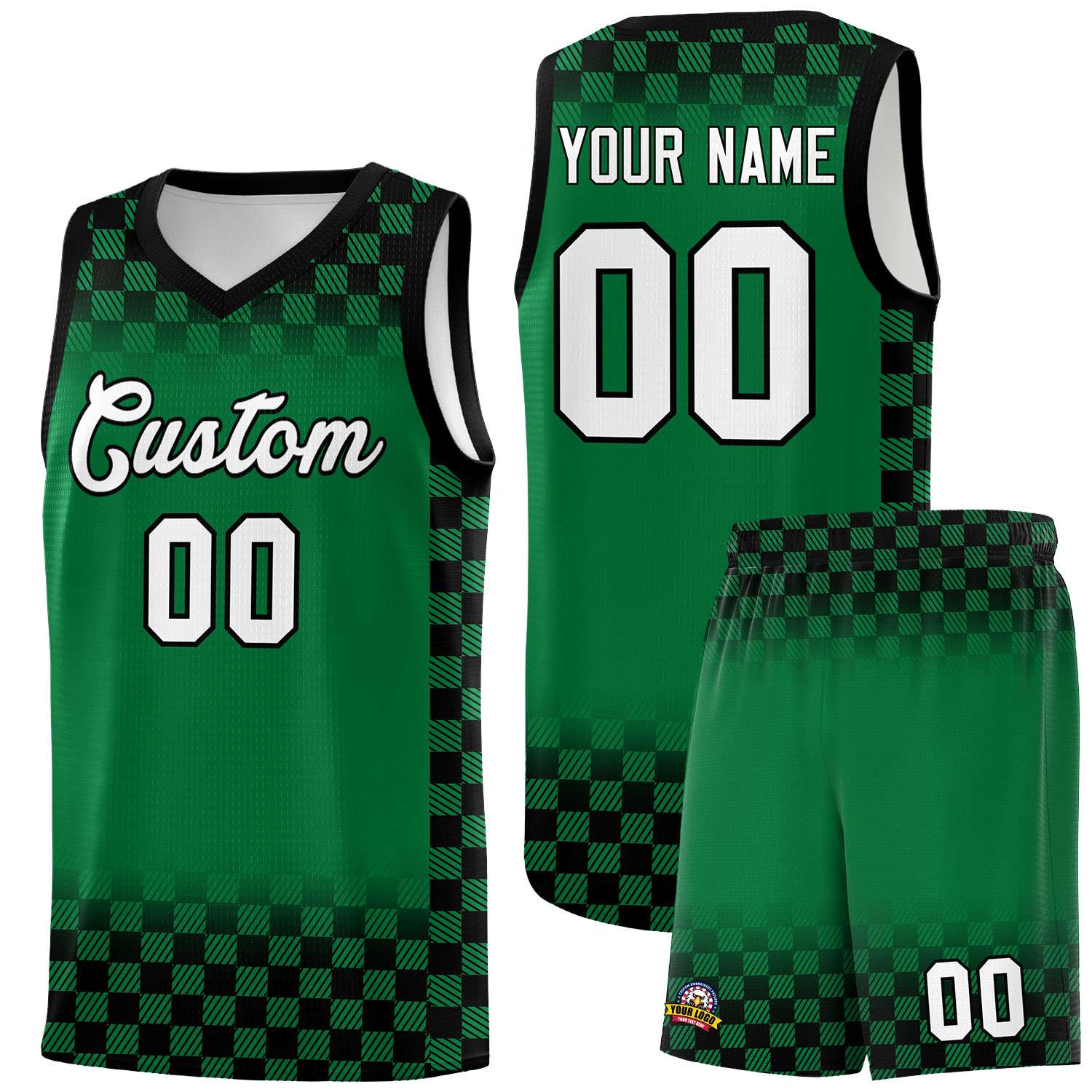 Custom Kelly Green Black Classic Plaid Pattern Sports Uniform Basketball Jersey