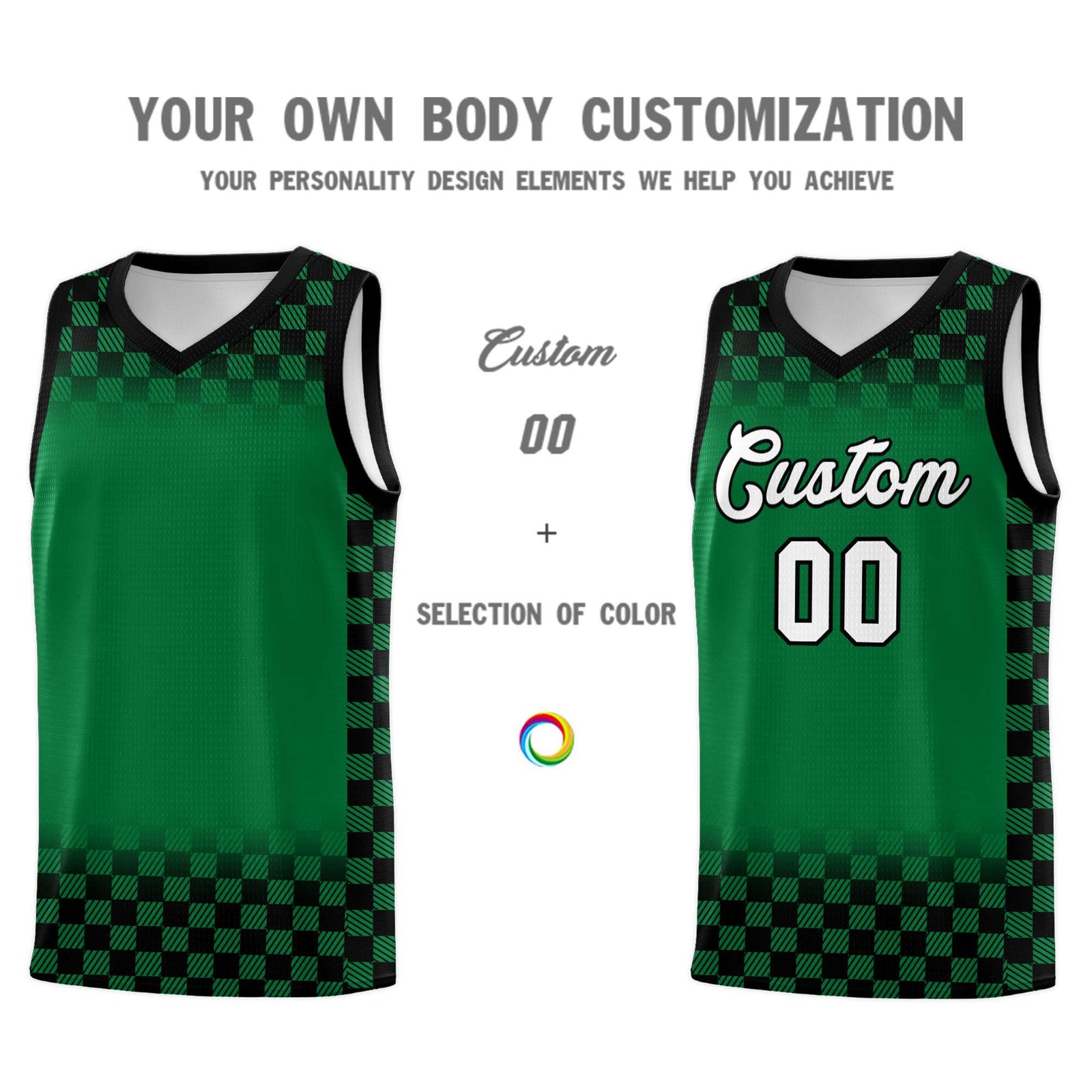 Custom Kelly Green Black Classic Plaid Pattern Sports Uniform Basketball Jersey