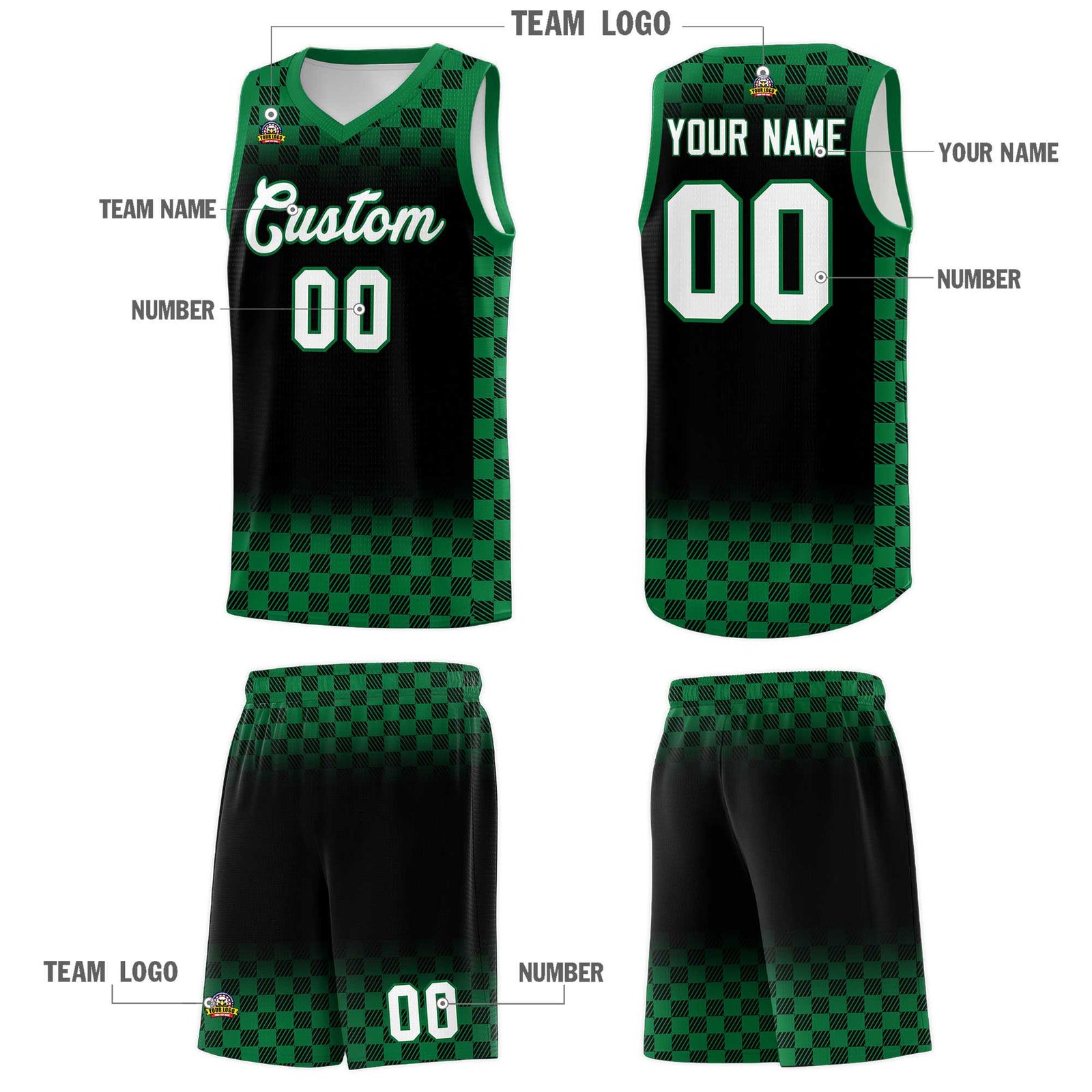 Custom Black Kelly Green Classic Plaid Pattern Sports Uniform Basketball Jersey