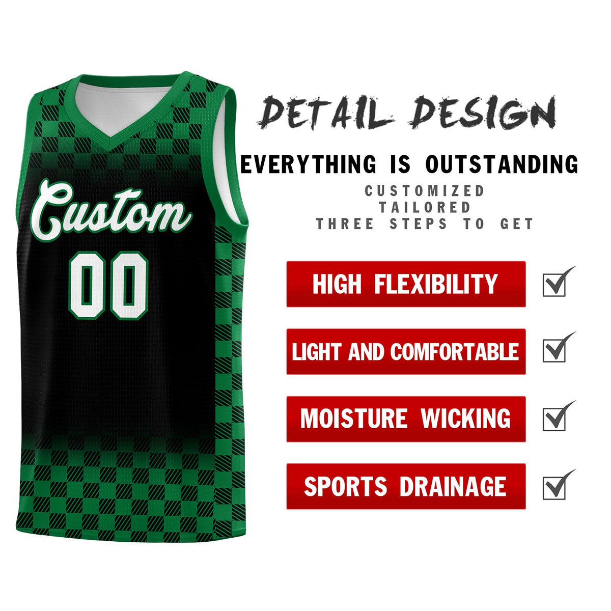 Custom Black Kelly Green Classic Plaid Pattern Sports Uniform Basketball Jersey