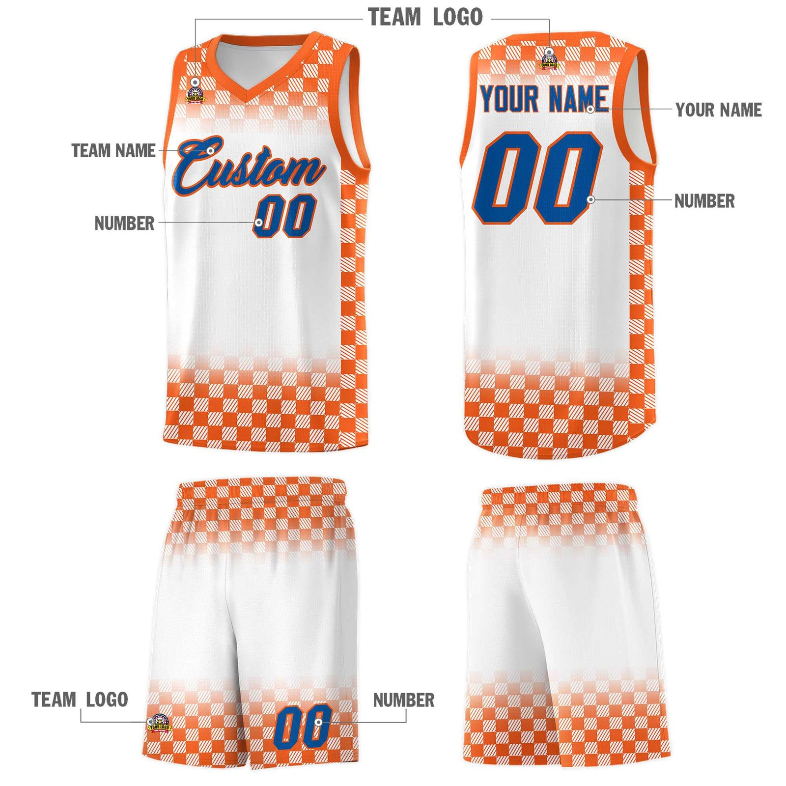 Custom White Orange Classic Plaid Pattern Sports Uniform Basketball Jersey