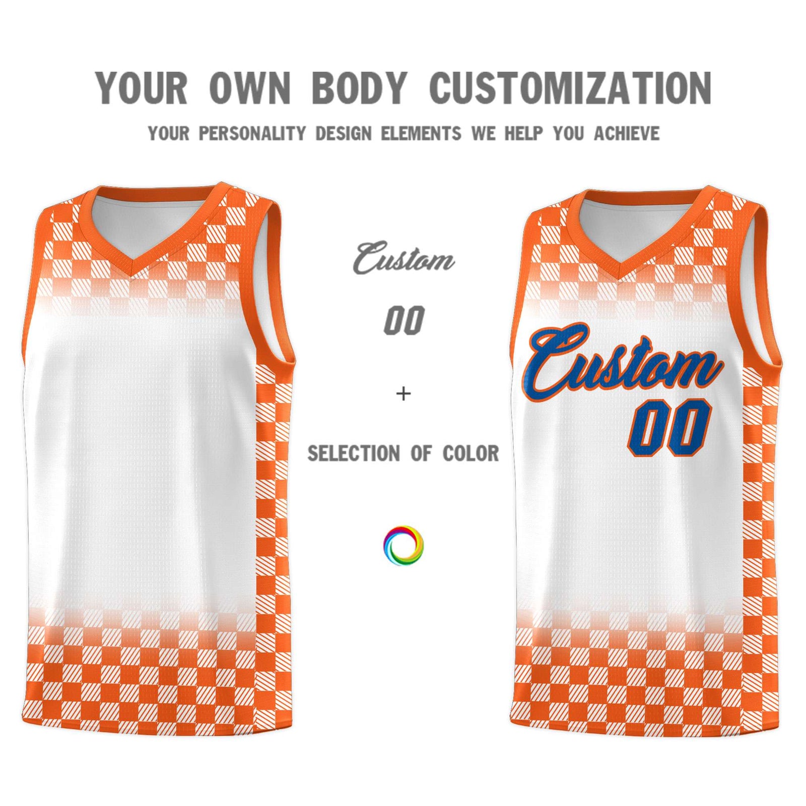 Custom White Orange Classic Plaid Pattern Sports Uniform Basketball Jersey