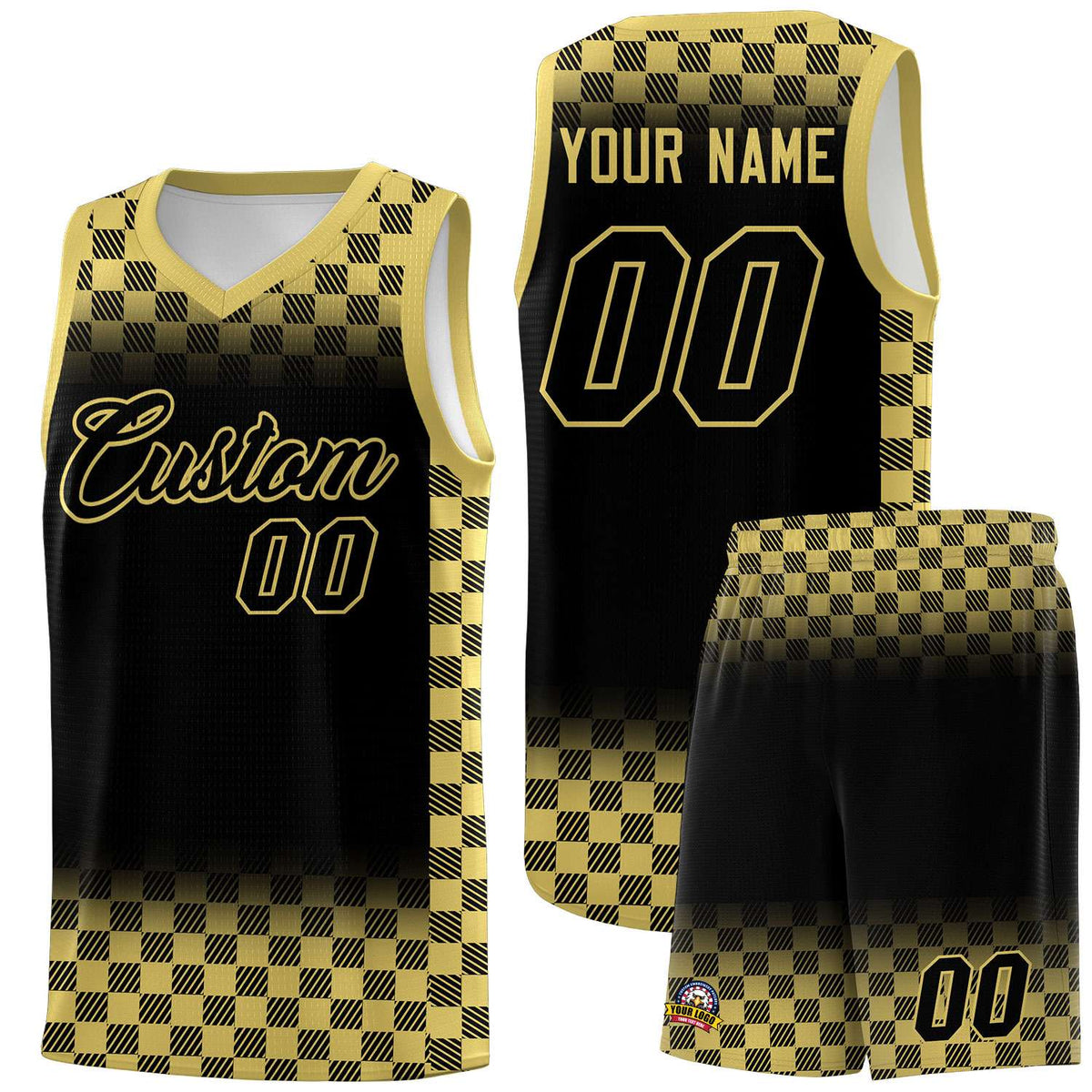 Custom Black Old Gold Classic Plaid Pattern Sports Uniform Basketball Jersey