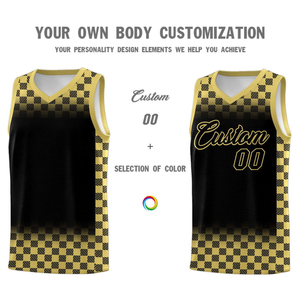 Custom Black Old Gold Classic Plaid Pattern Sports Uniform Basketball Jersey