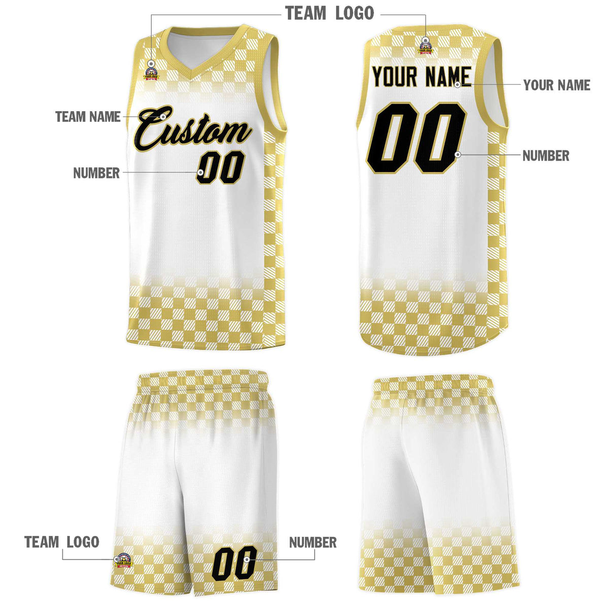 Custom White Old Gold Classic Plaid Pattern Sports Uniform Basketball Jersey