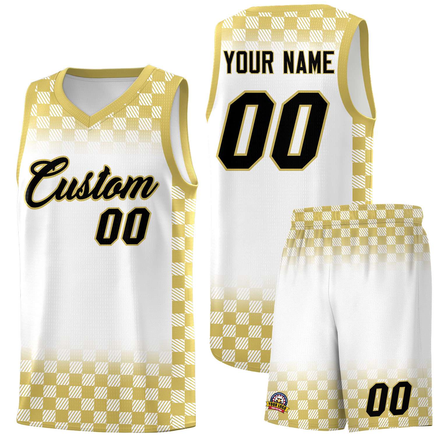 Custom White Old Gold Classic Plaid Pattern Sports Uniform Basketball Jersey