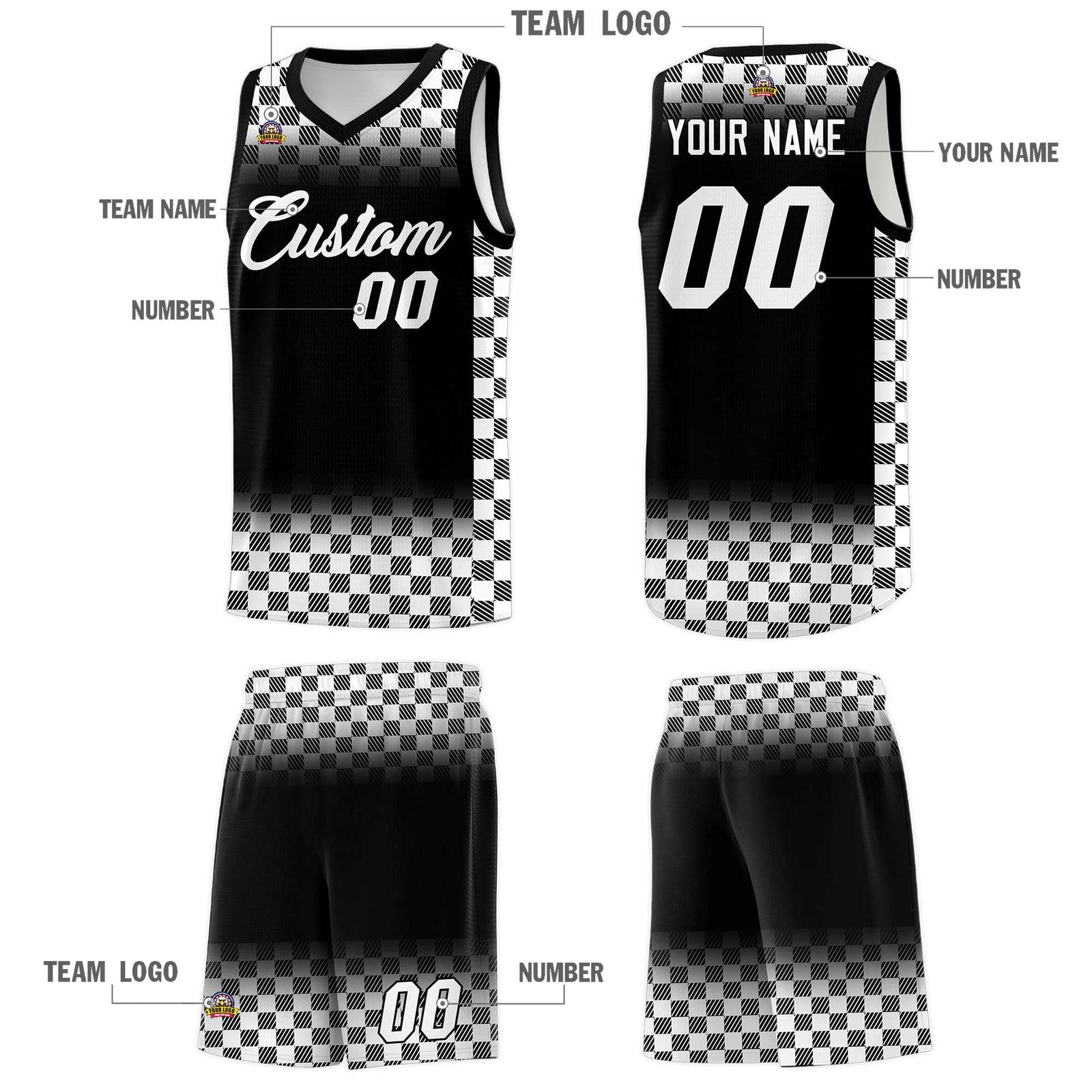 Custom Black White Classic Plaid Pattern Sports Uniform Basketball Jersey