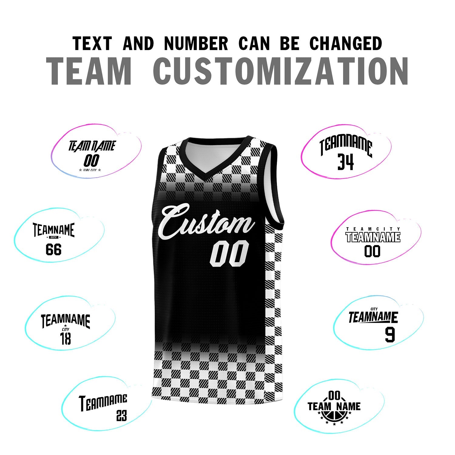 Custom Black White Classic Plaid Pattern Sports Uniform Basketball Jersey