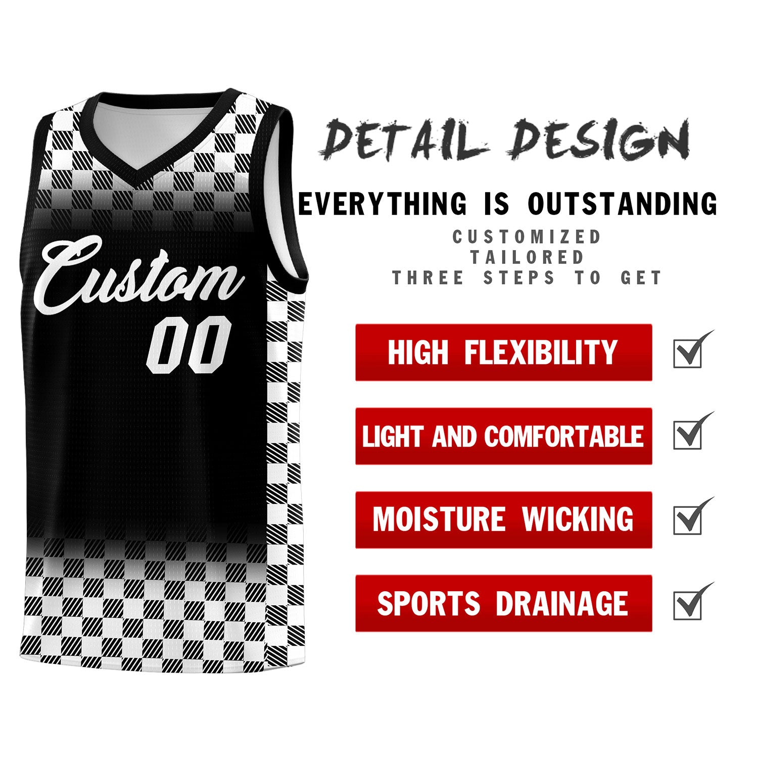 Custom Black White Classic Plaid Pattern Sports Uniform Basketball Jersey