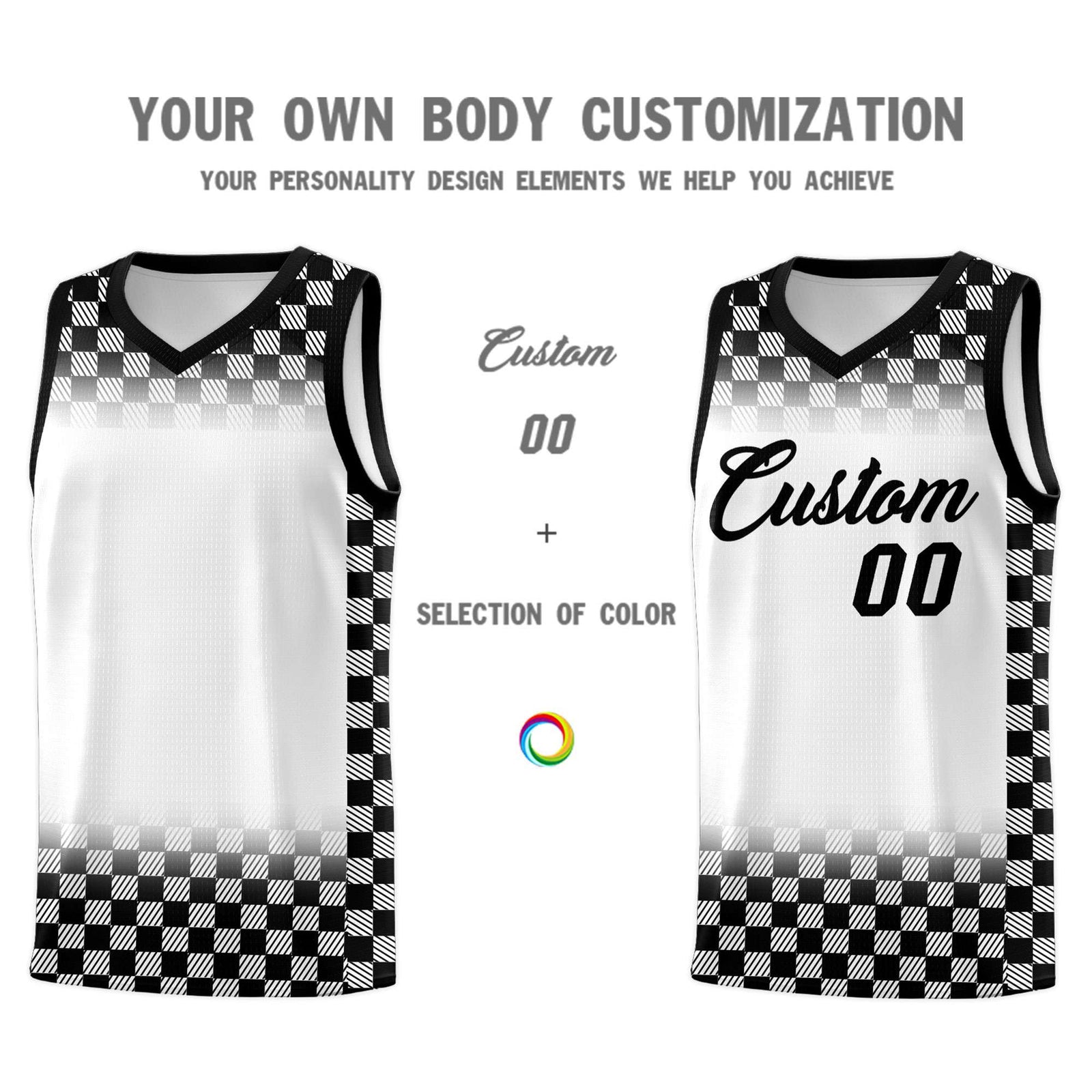 Custom White Black Classic Plaid Pattern Sports Uniform Basketball Jersey