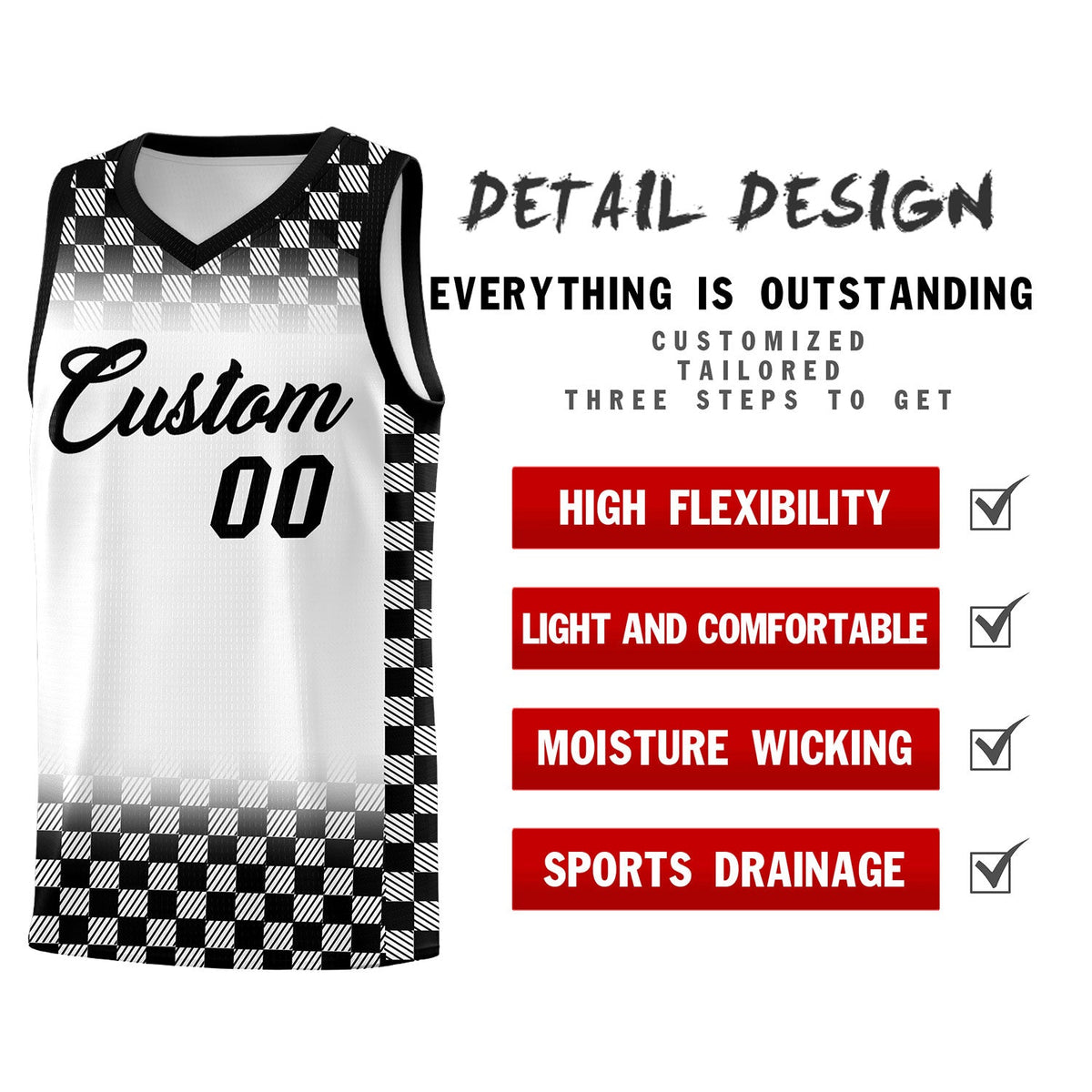 Custom White Black Classic Plaid Pattern Sports Uniform Basketball Jersey