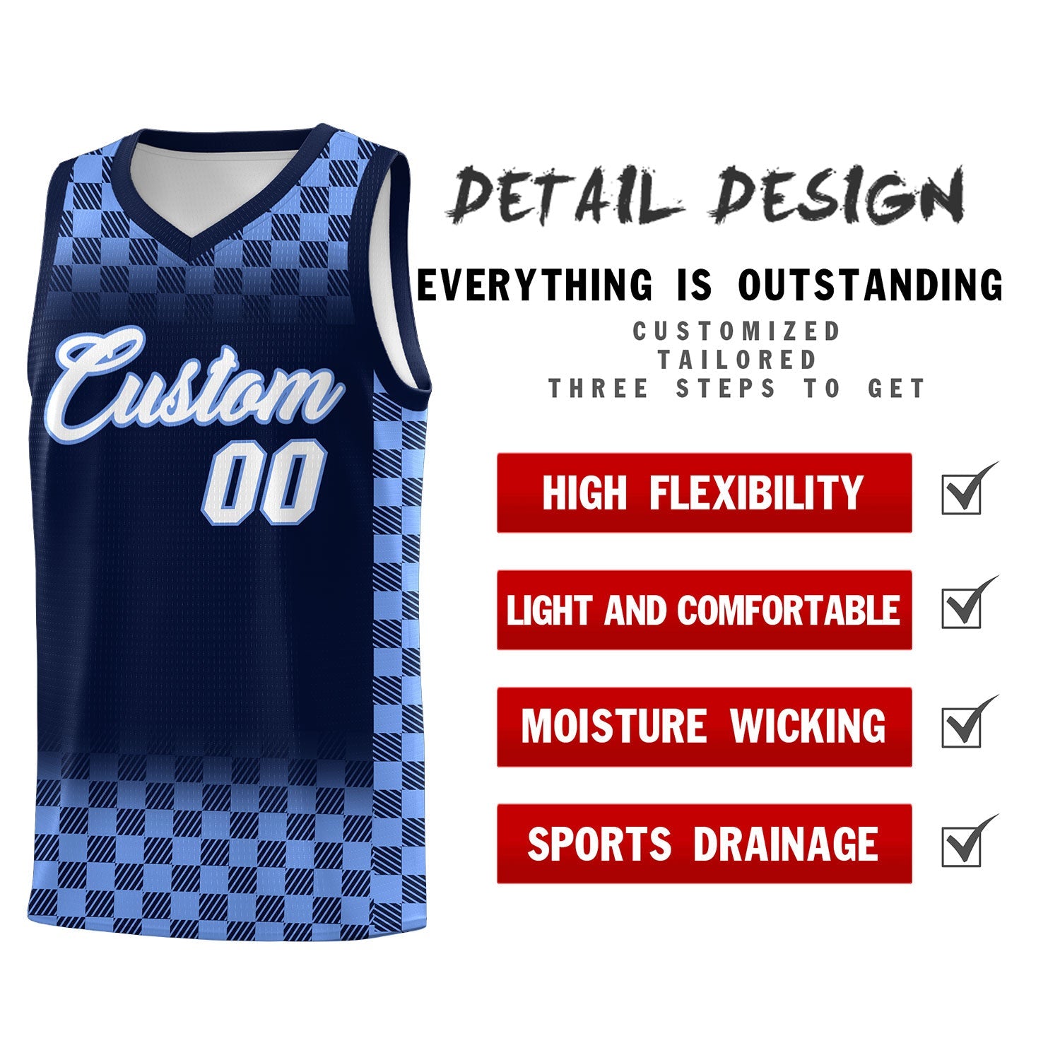 Custom Navy Light Blue Classic Plaid Pattern Sports Uniform Basketball Jersey