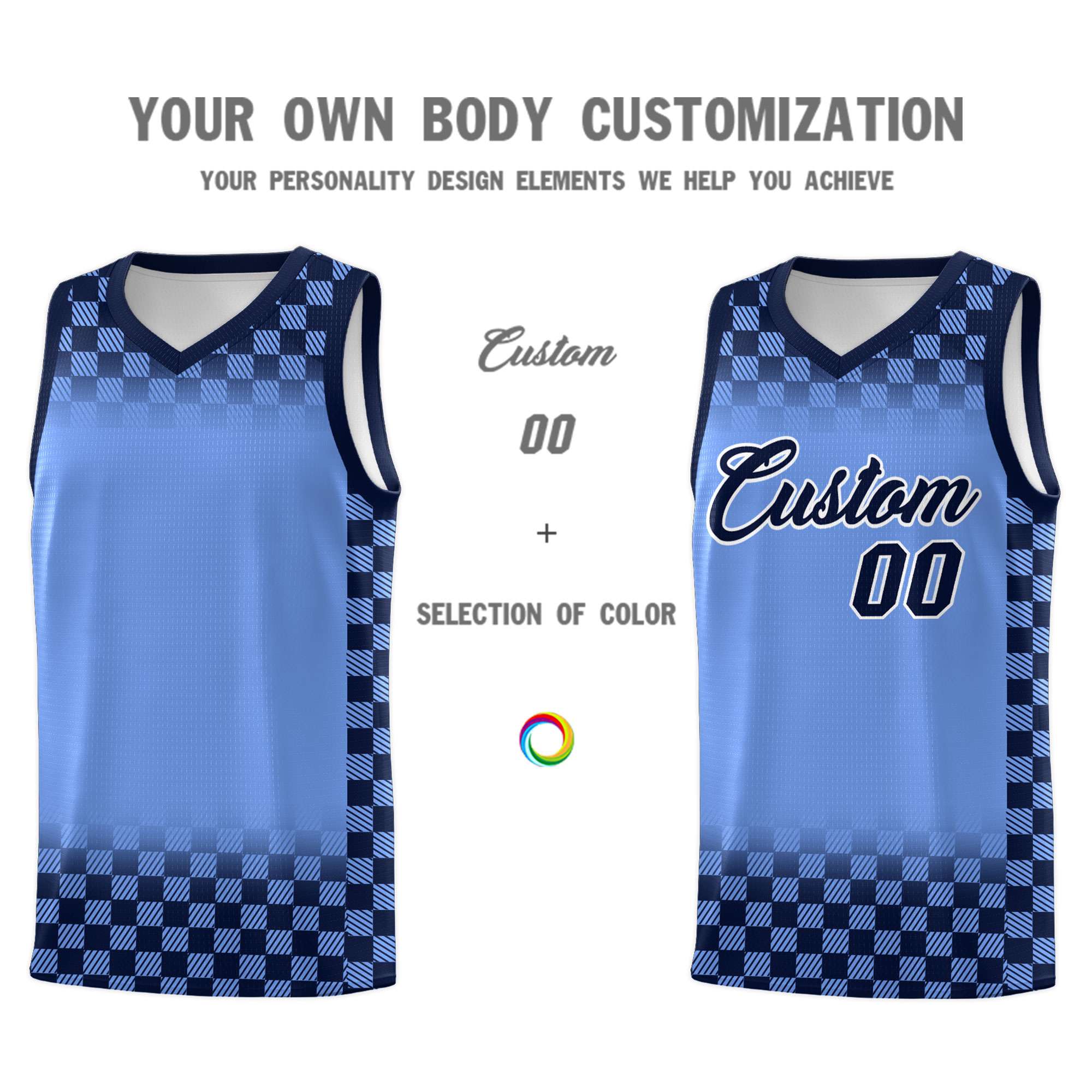 Custom Light Blue Navy Classic Plaid Pattern Sports Uniform Basketball Jersey
