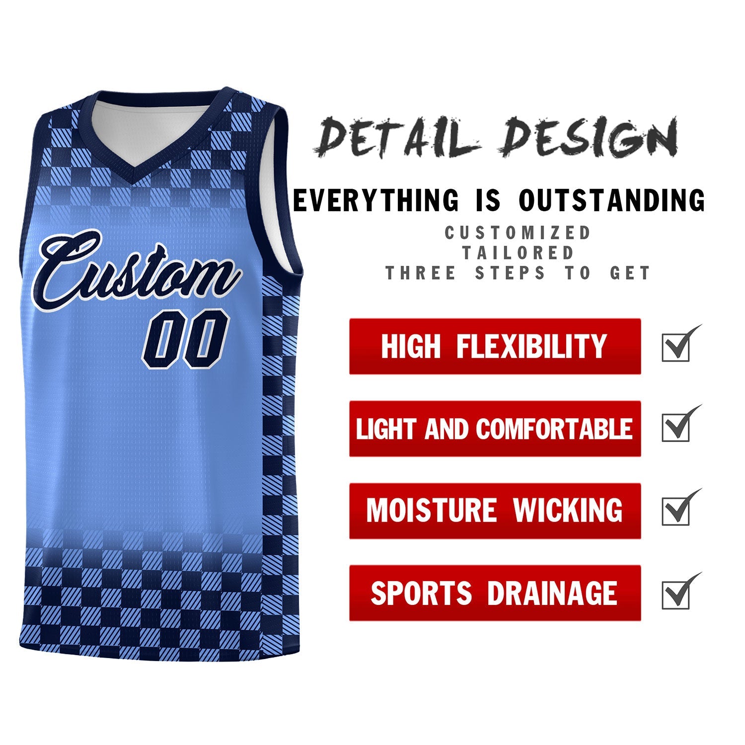 Custom Light Blue Navy Classic Plaid Pattern Sports Uniform Basketball Jersey