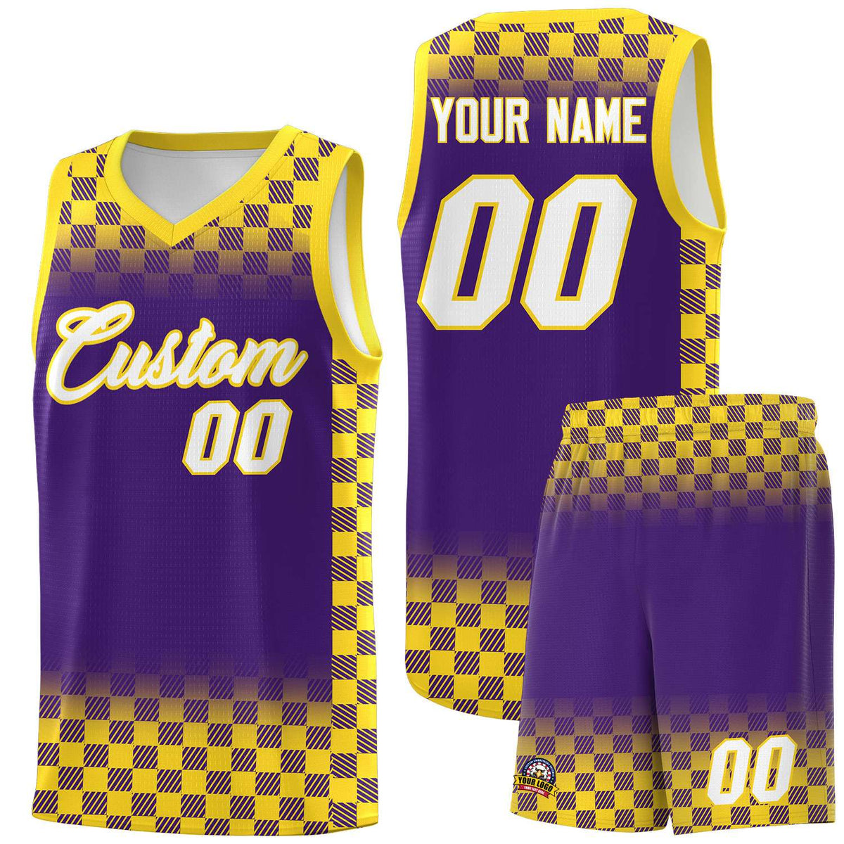 Custom Purple Gold Classic Plaid Pattern Sports Uniform Basketball Jersey