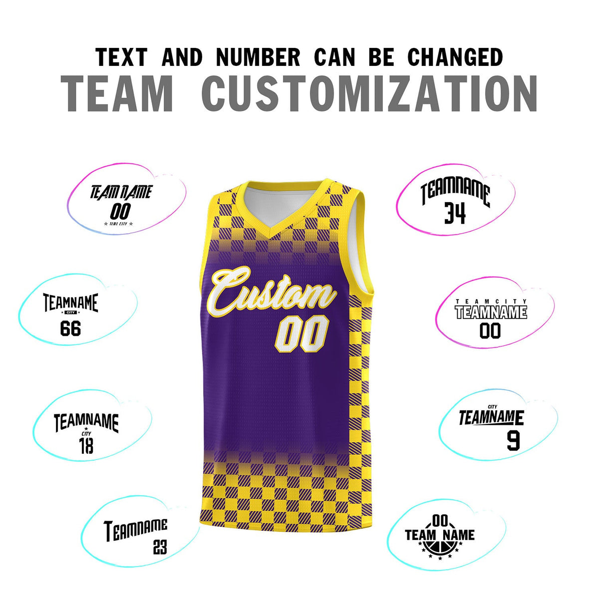 Custom Purple Gold Classic Plaid Pattern Sports Uniform Basketball Jersey