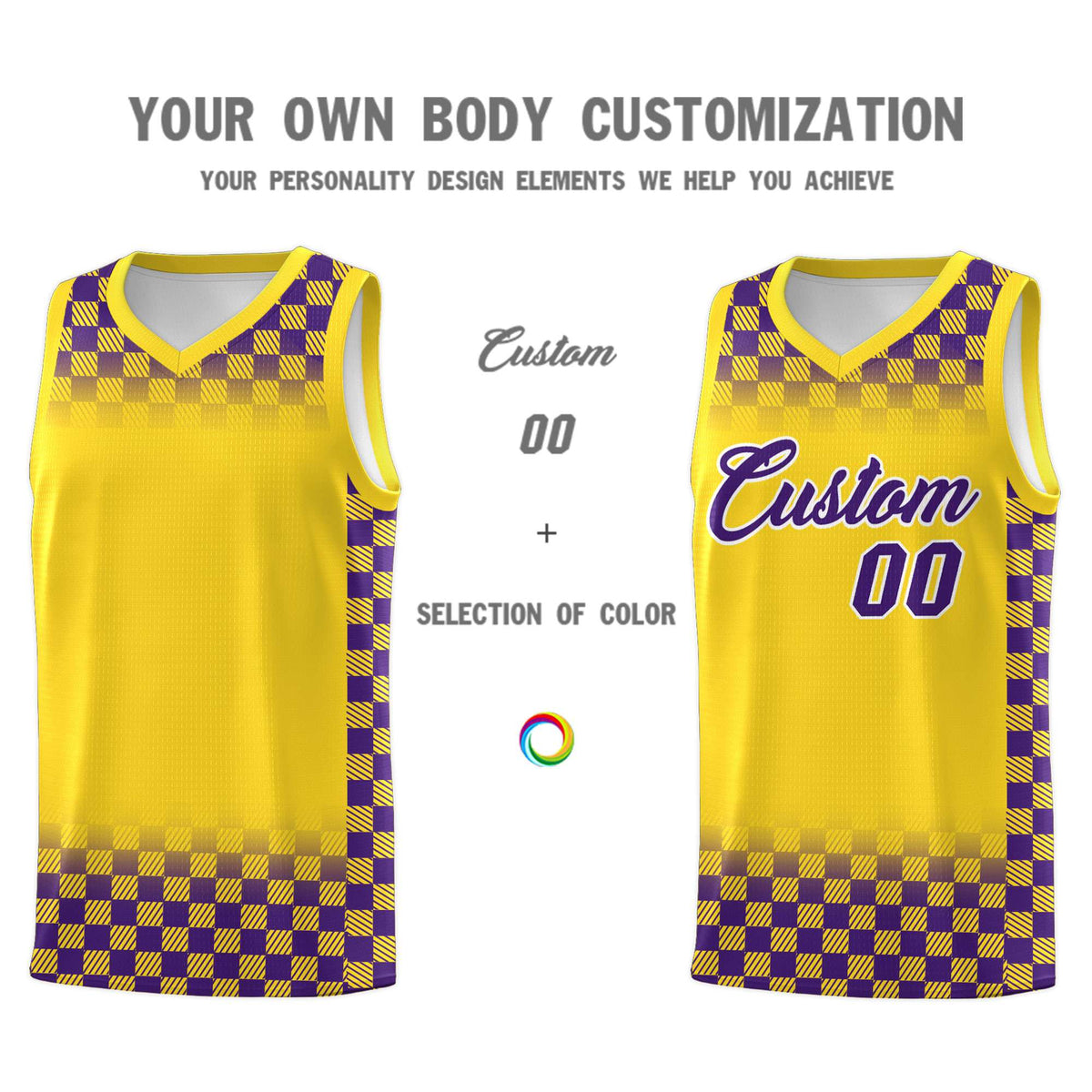 Custom Gold Purple Classic Plaid Pattern Sports Uniform Basketball Jersey