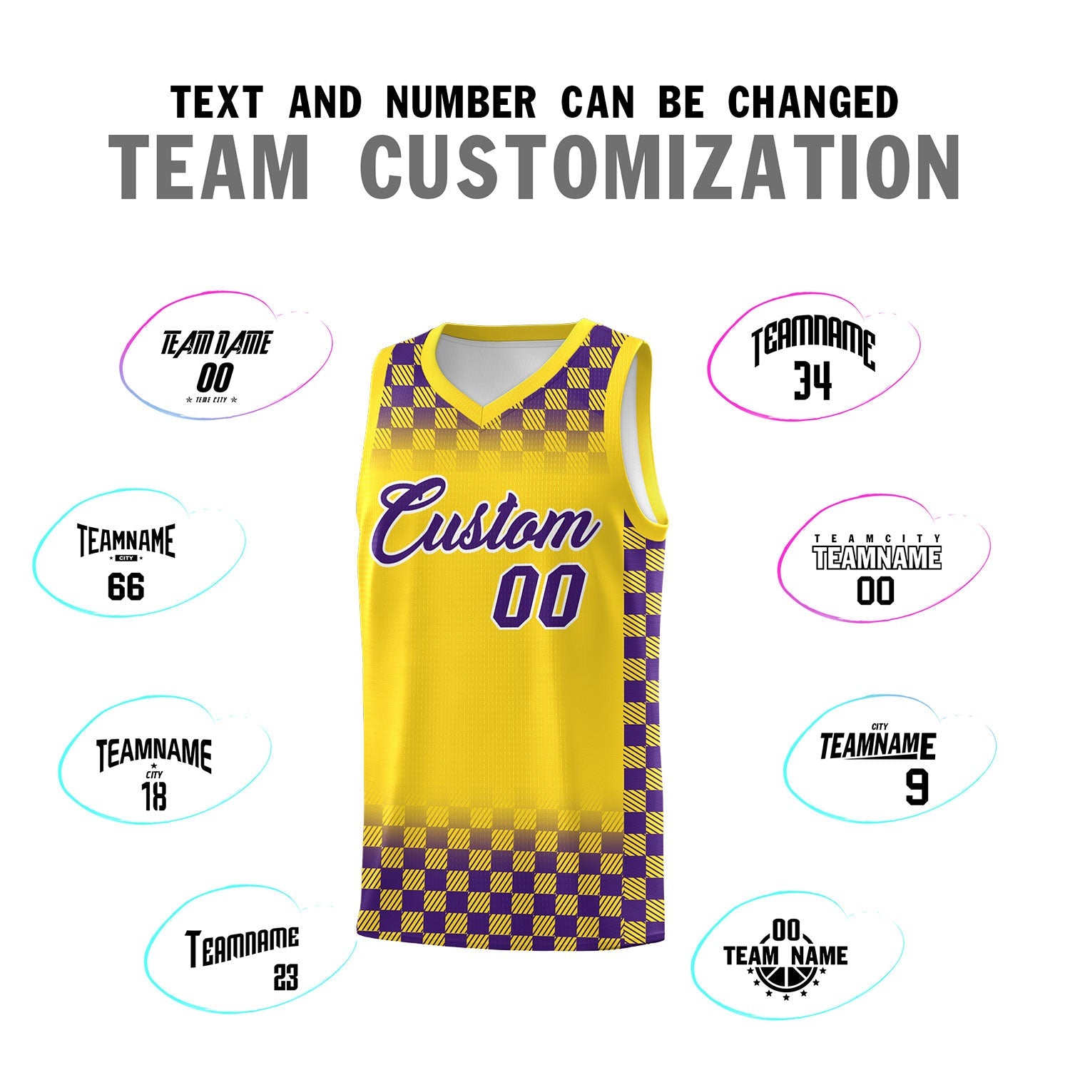 Custom Gold Purple Classic Plaid Pattern Sports Uniform Basketball Jersey