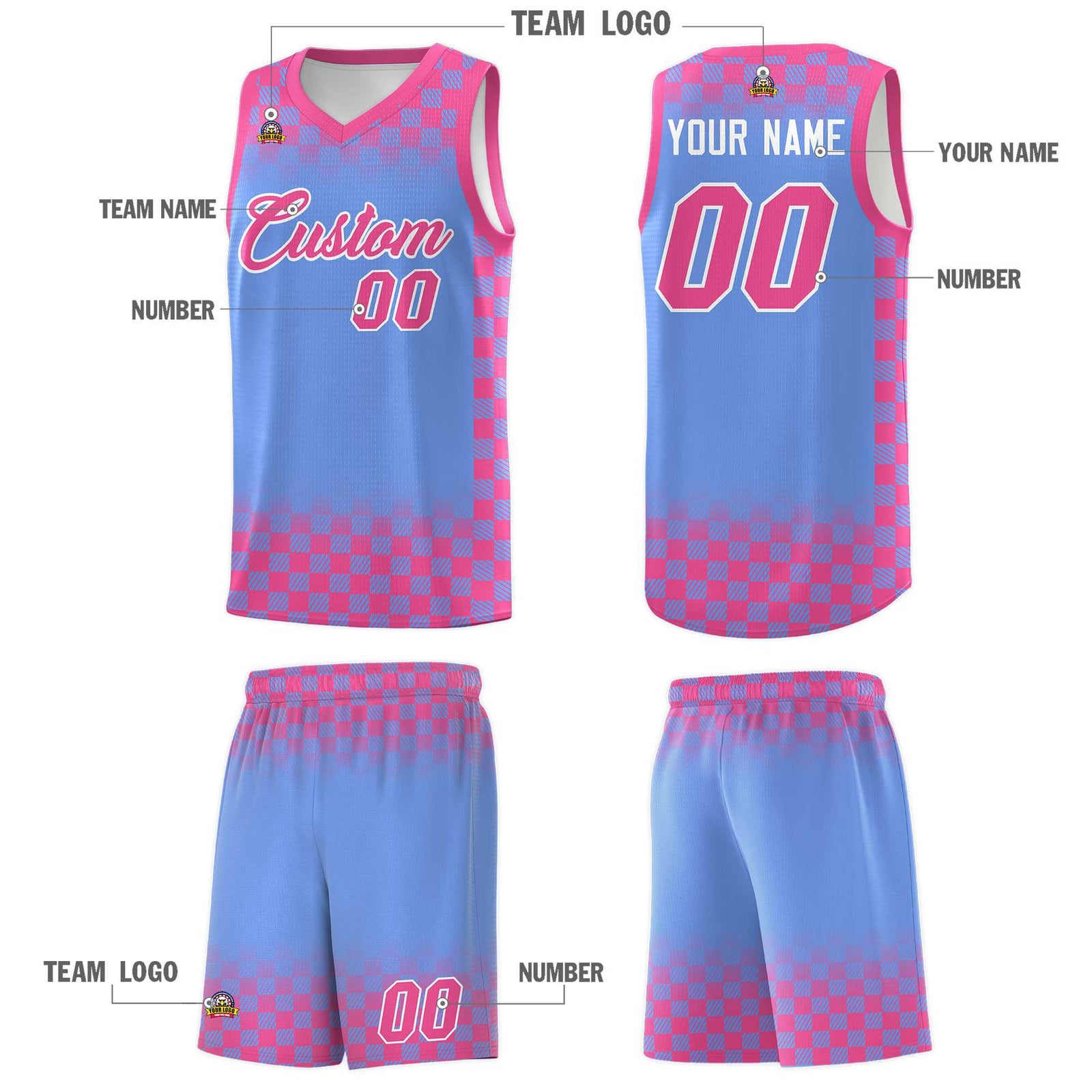 Custom Light Blue Pink Classic Plaid Pattern Sports Uniform Basketball Jersey