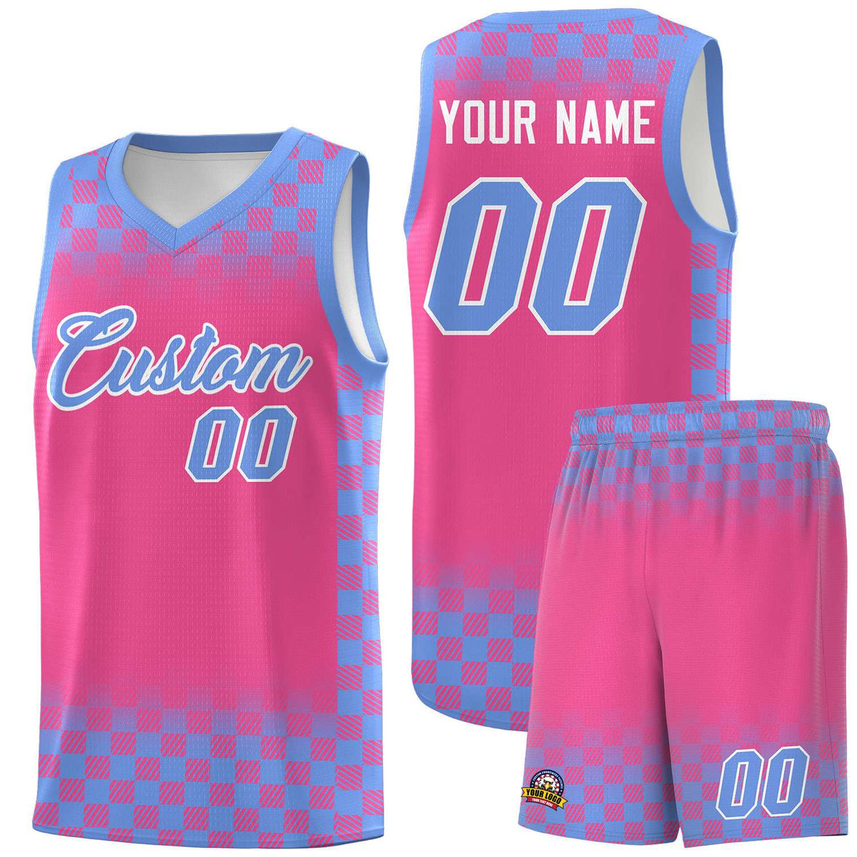 Custom Pink Light Blue Classic Plaid Pattern Sports Uniform Basketball Jersey
