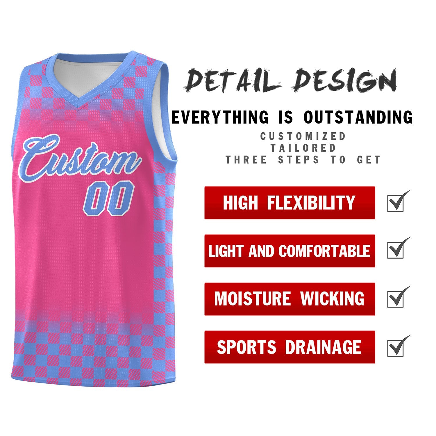 Custom Pink Light Blue Classic Plaid Pattern Sports Uniform Basketball Jersey