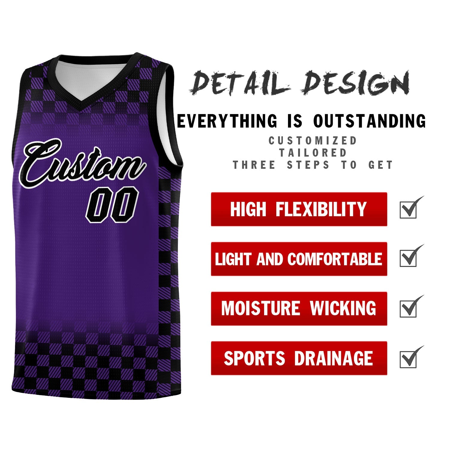Custom Purple Black Classic Plaid Pattern Sports Uniform Basketball Jersey