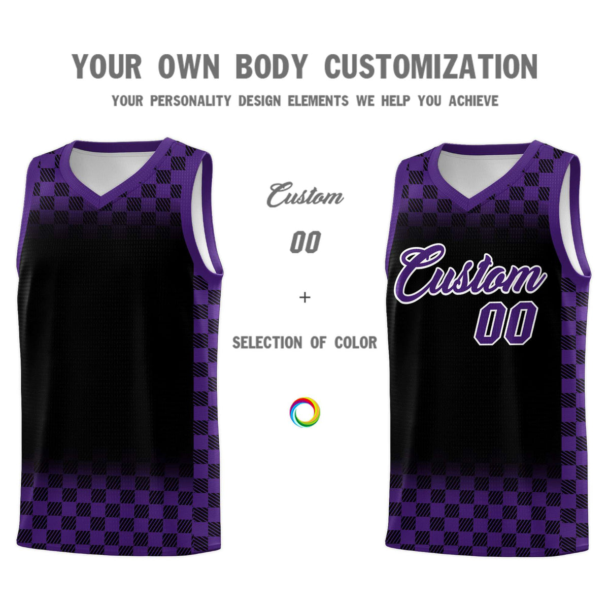 Custom Black Purple Classic Plaid Pattern Sports Uniform Basketball Jersey