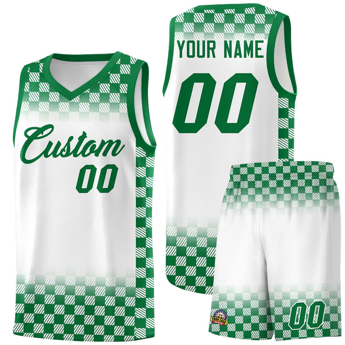 Custom White Kelly Green Classic Plaid Pattern Sports Uniform Basketball Jersey