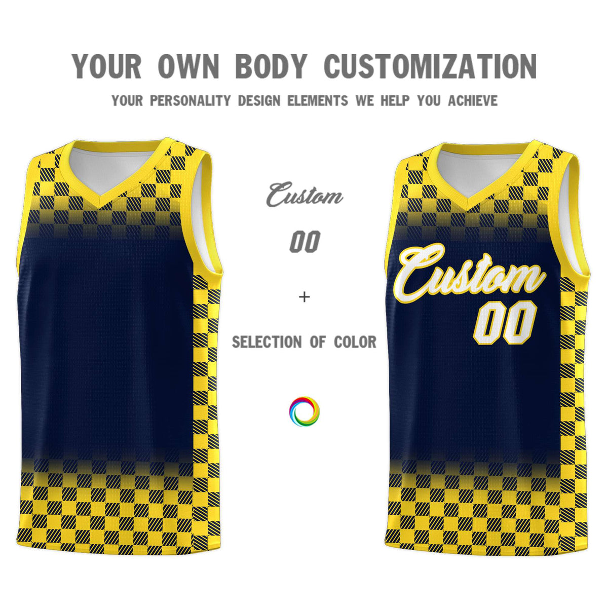 Custom Navy Gold Classic Plaid Pattern Sports Uniform Basketball Jersey