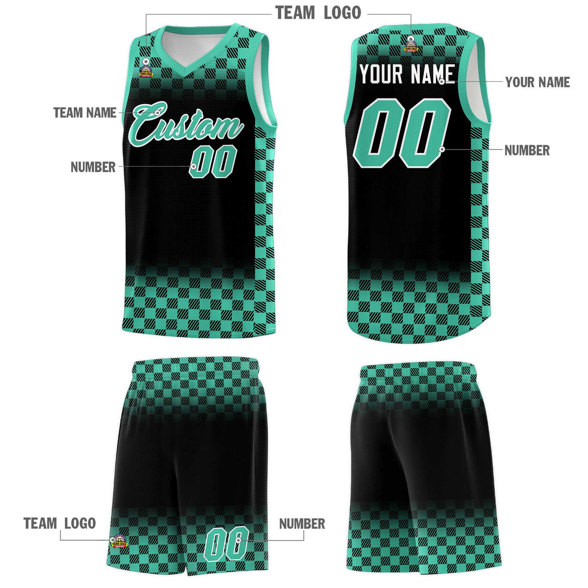 Custom Black Bright Green Classic Plaid Pattern Sports Uniform Basketball Jersey