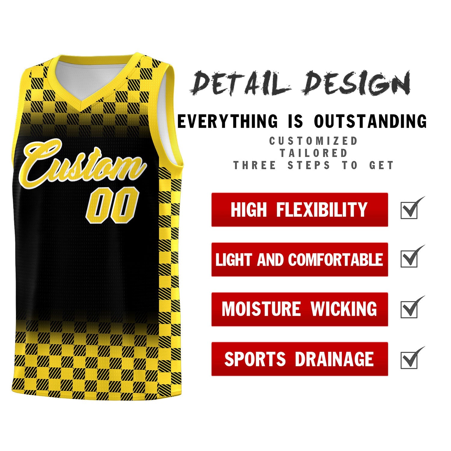 Custom Black Gold Classic Plaid Pattern Sports Uniform Basketball Jersey