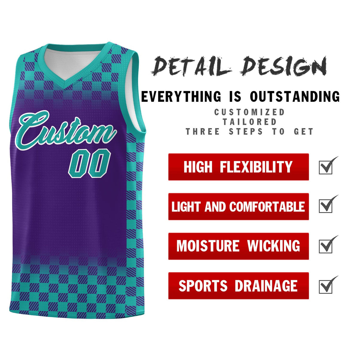 Custom Purple Aqua Classic Plaid Pattern Sports Uniform Basketball Jersey