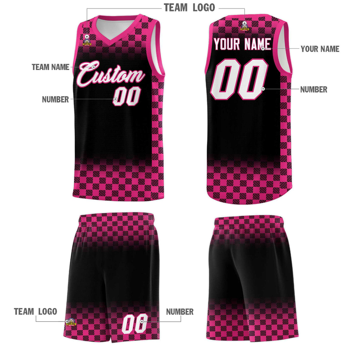 Custom Black Pink Classic Plaid Pattern Sports Uniform Basketball Jersey