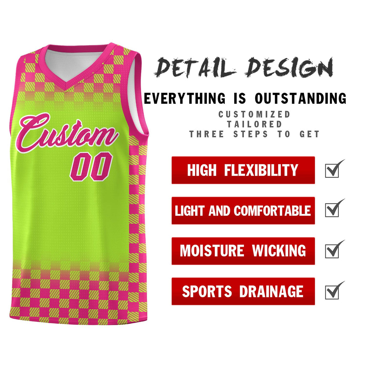 Custom Neon Green Pink Classic Plaid Pattern Sports Uniform Basketball Jersey