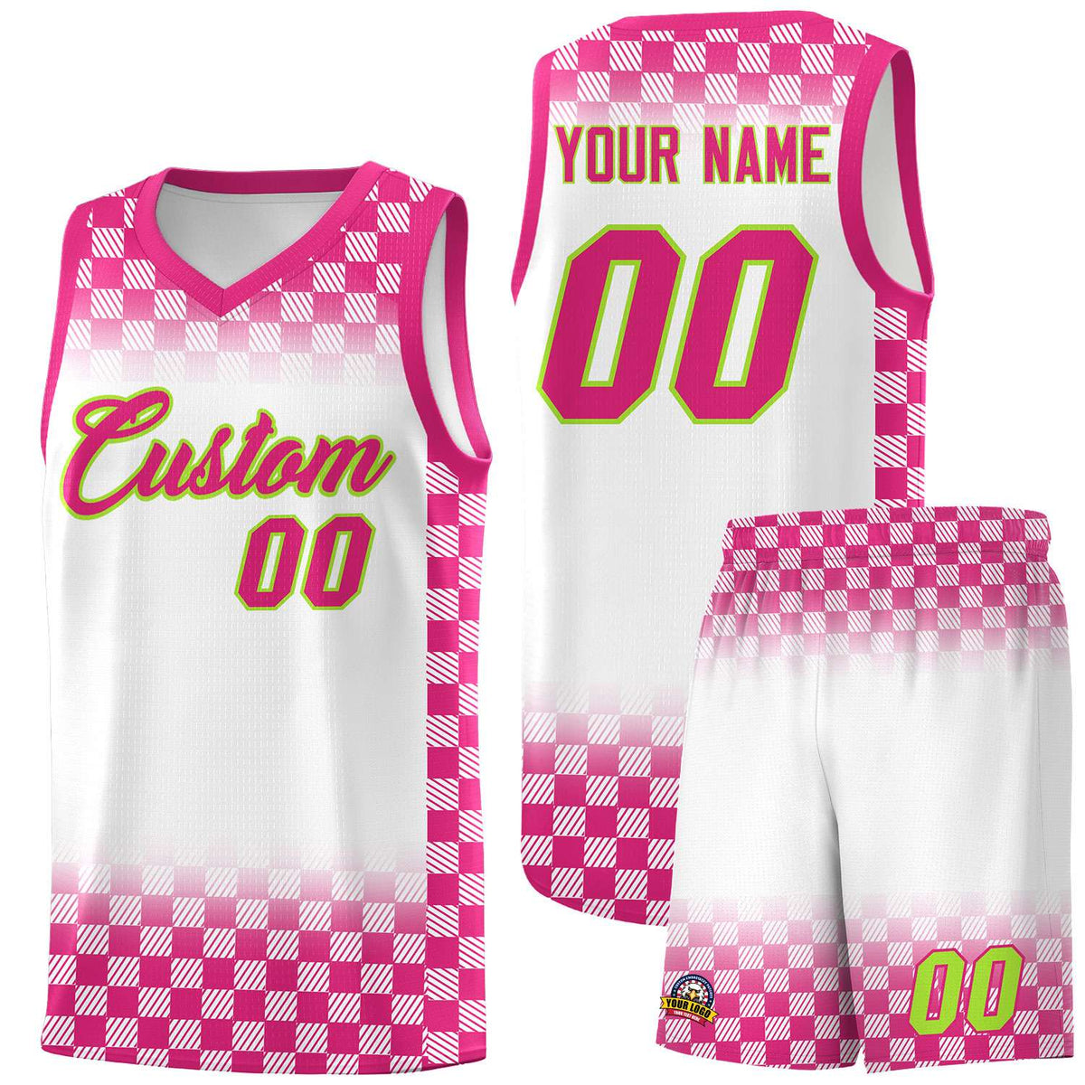 Custom White Pink Classic Plaid Pattern Sports Uniform Basketball Jersey