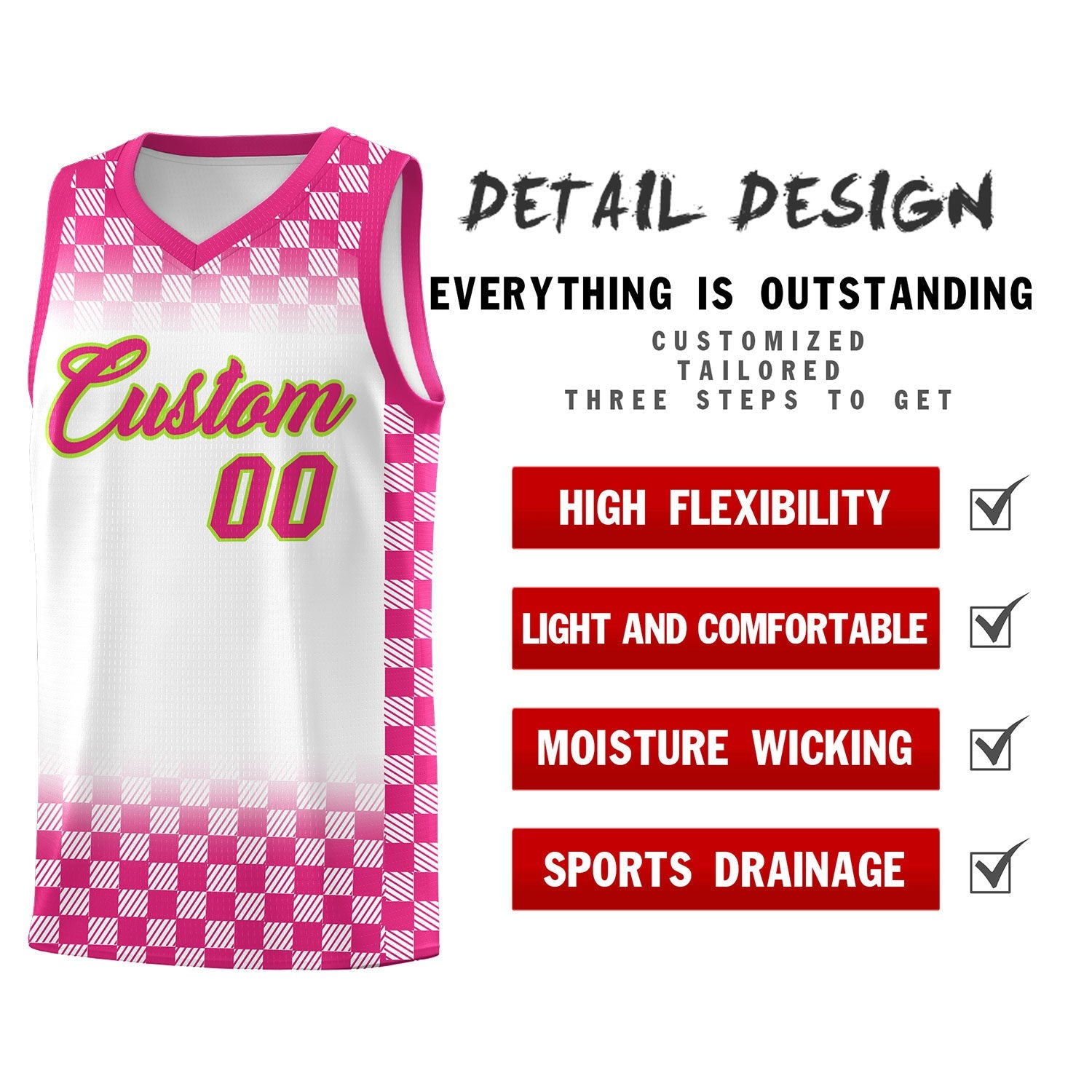 Custom White Pink Classic Plaid Pattern Sports Uniform Basketball Jersey