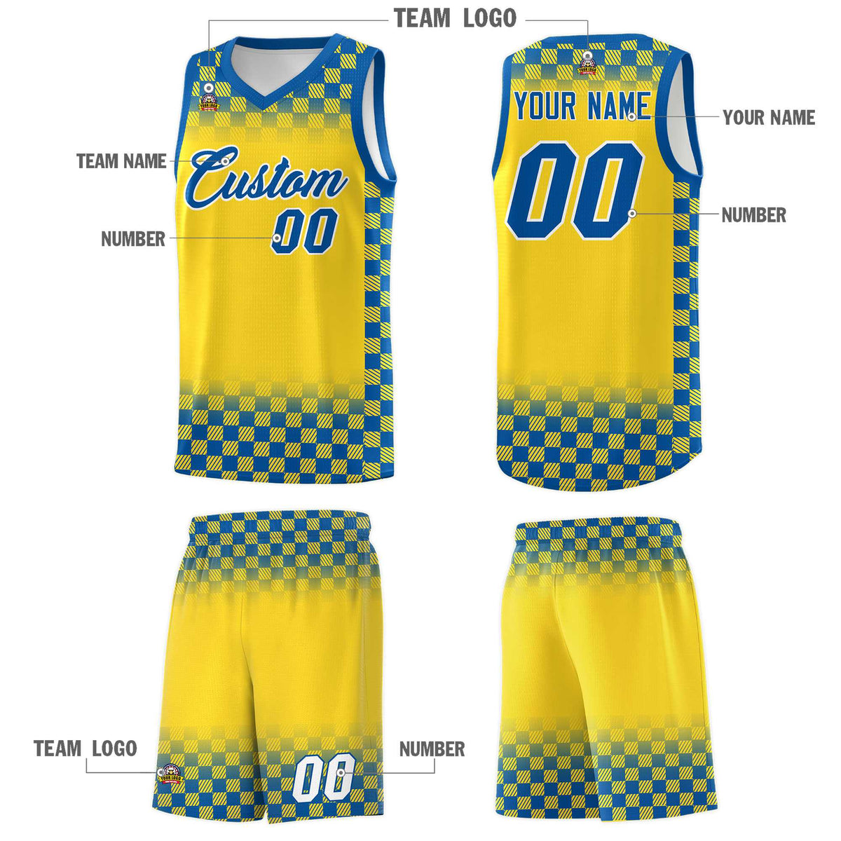 Custom Gold Royal Classic Plaid Pattern Sports Uniform Basketball Jersey