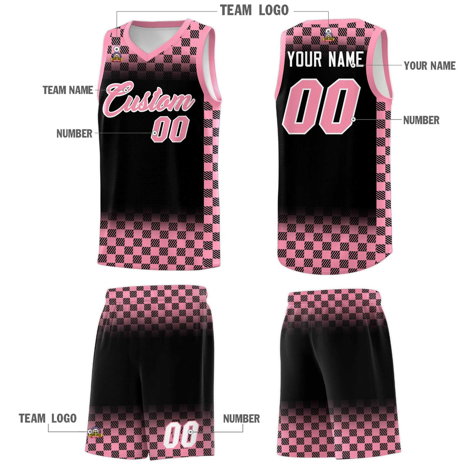 Custom Black Light Pink Classic Plaid Pattern Sports Uniform Basketball Jersey