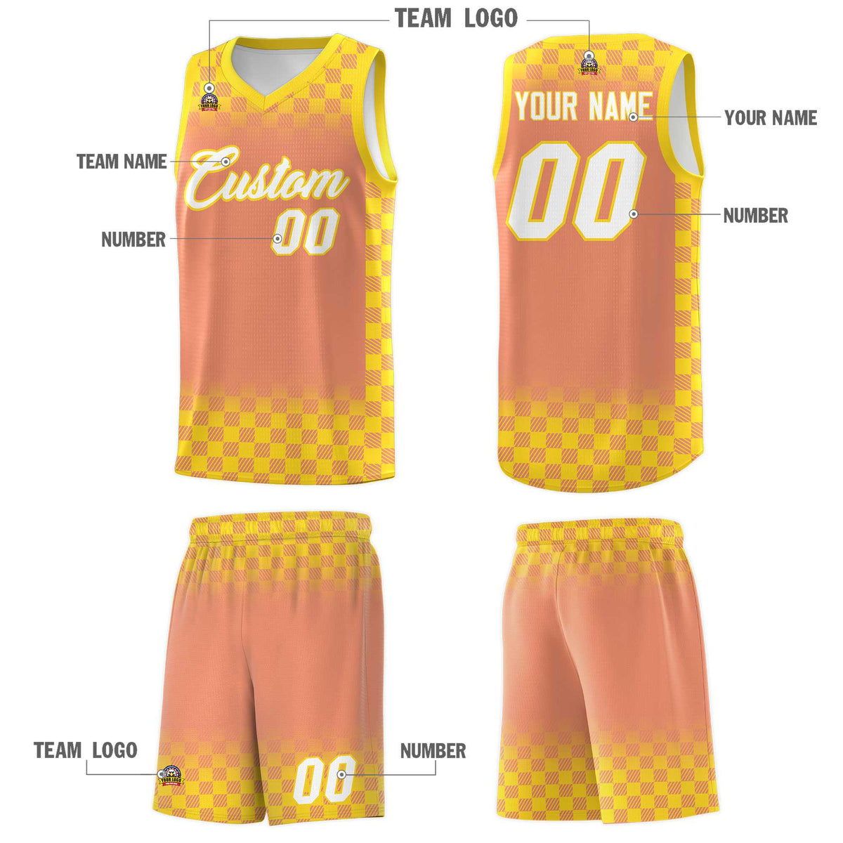 Custom Light Orange Gold Classic Plaid Pattern Sports Uniform Basketball Jersey
