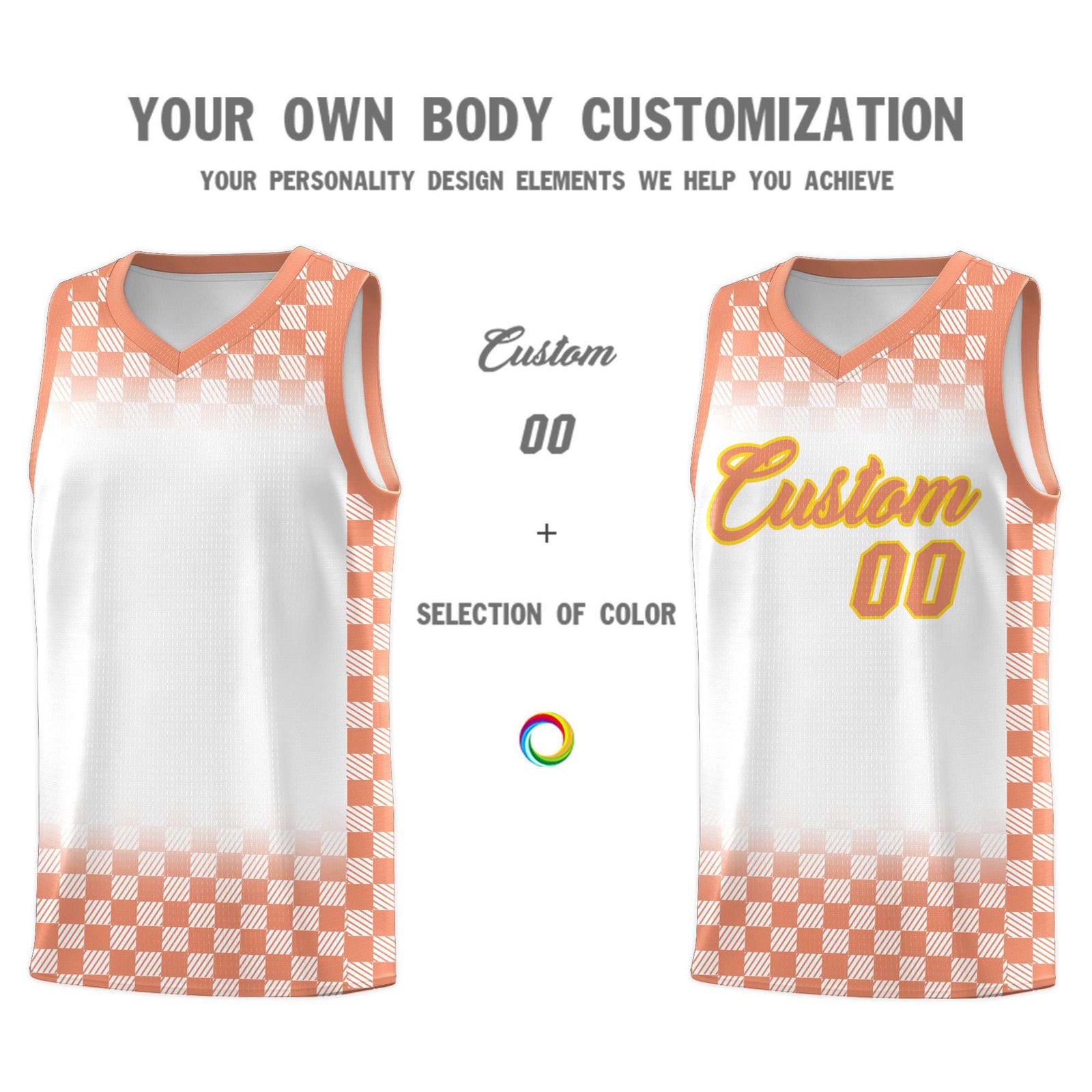 Custom White Light Orange Classic Plaid Pattern Sports Uniform Basketball Jersey