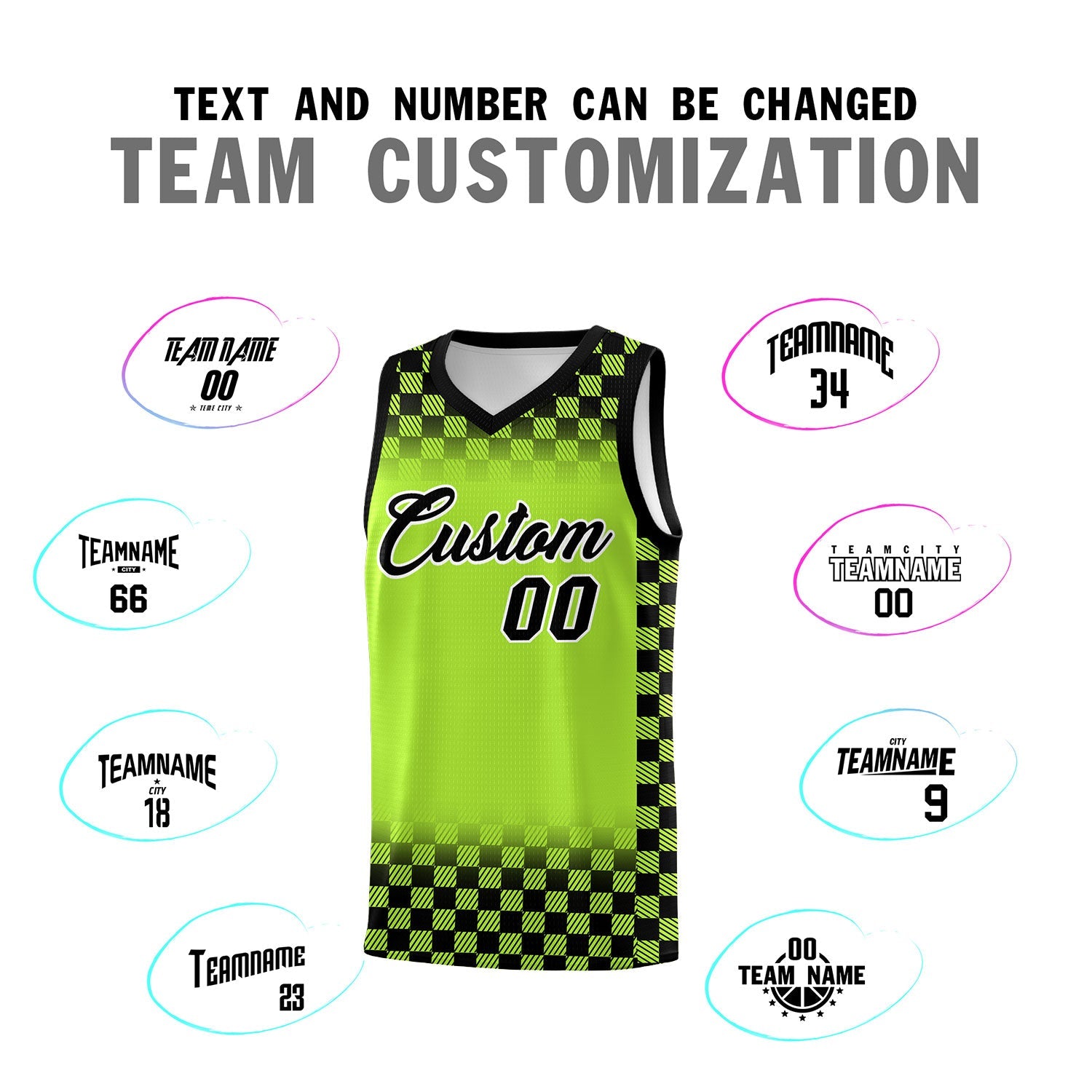 Custom Neon Green Black Classic Plaid Pattern Sports Uniform Basketball Jersey