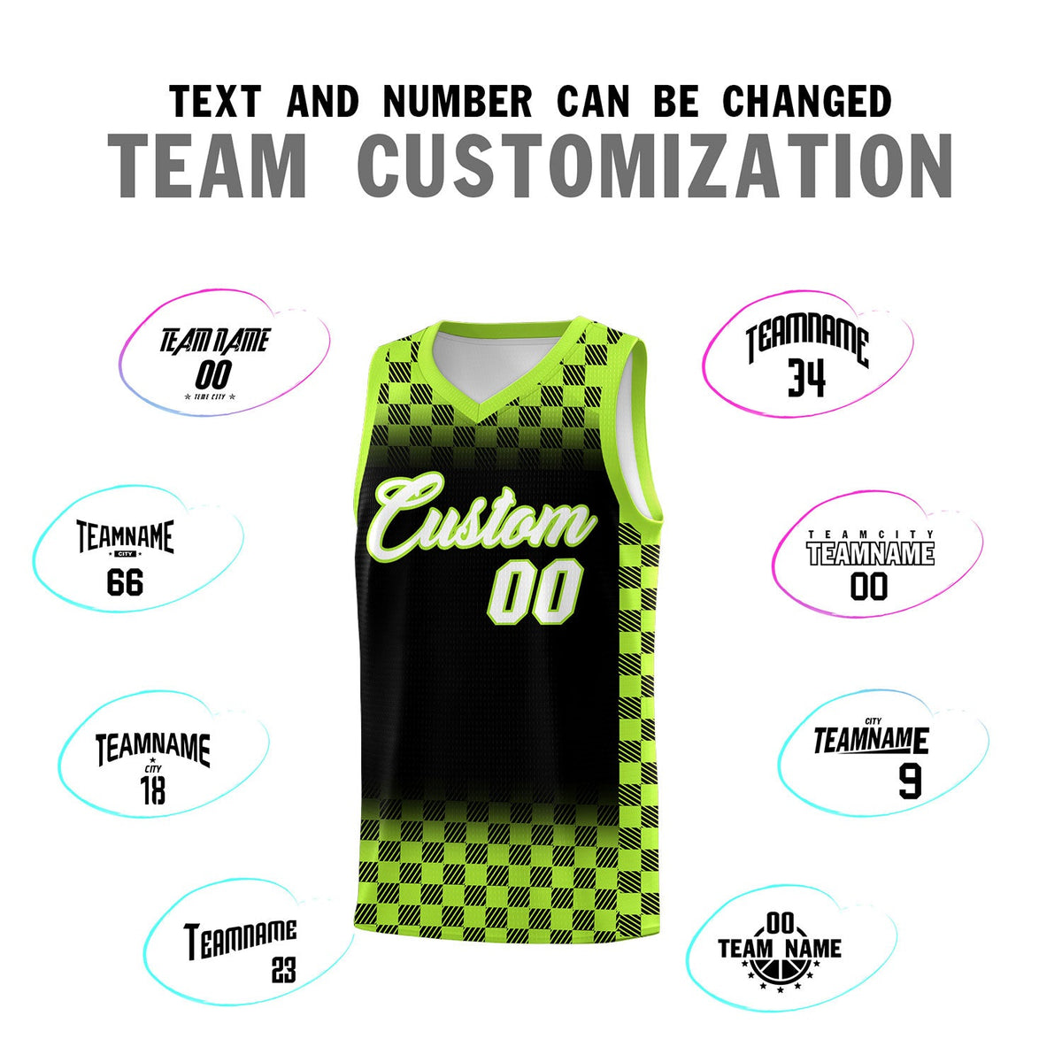 Custom Black Neon Green Classic Plaid Pattern Sports Uniform Basketball Jersey