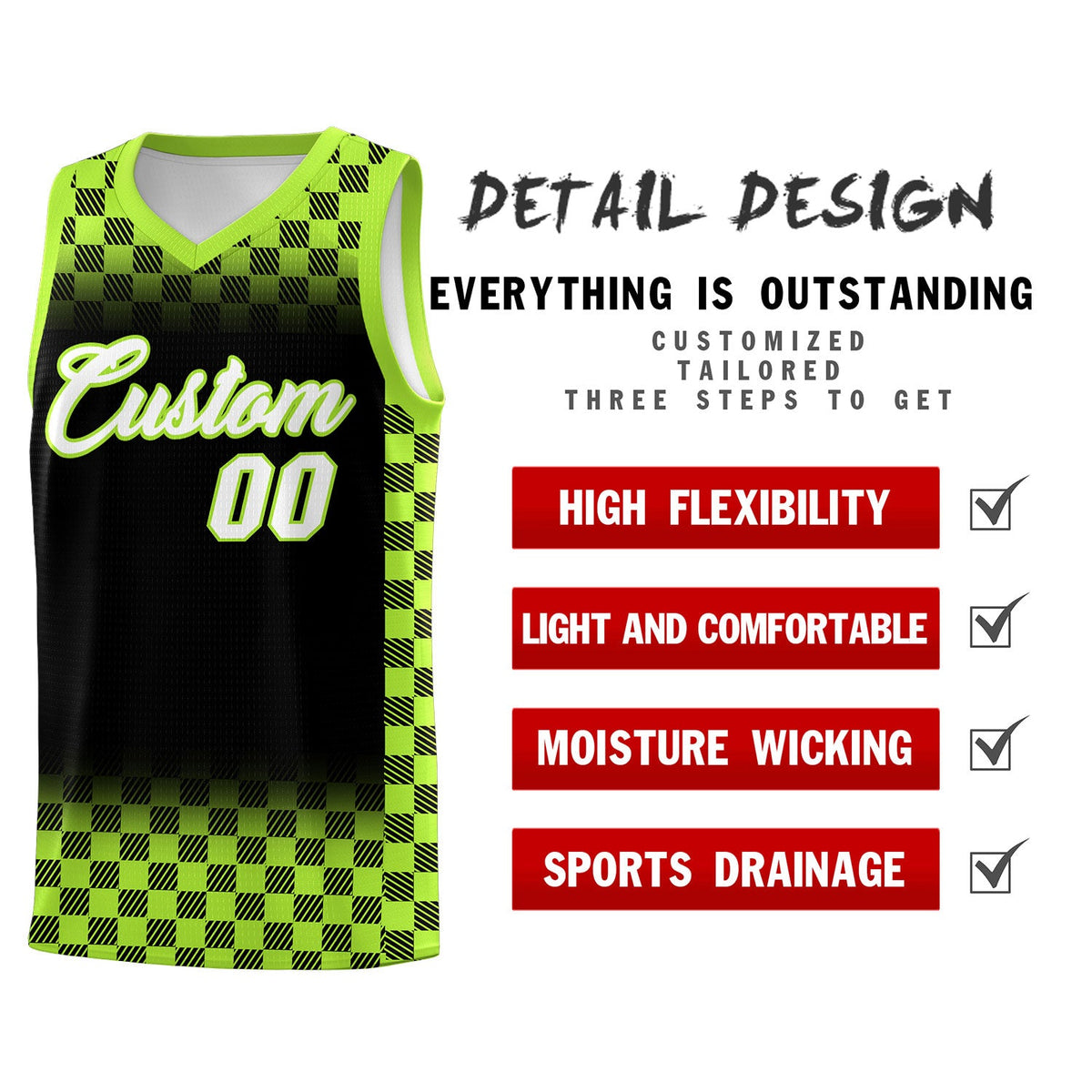 Custom Black Neon Green Classic Plaid Pattern Sports Uniform Basketball Jersey