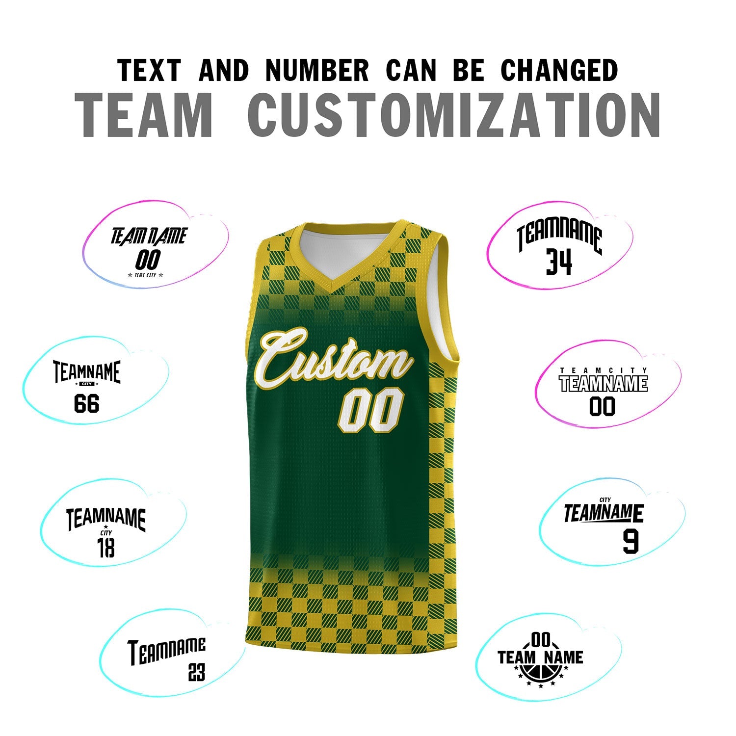 Custom Green Old Gold Classic Plaid Pattern Sports Uniform Basketball Jersey