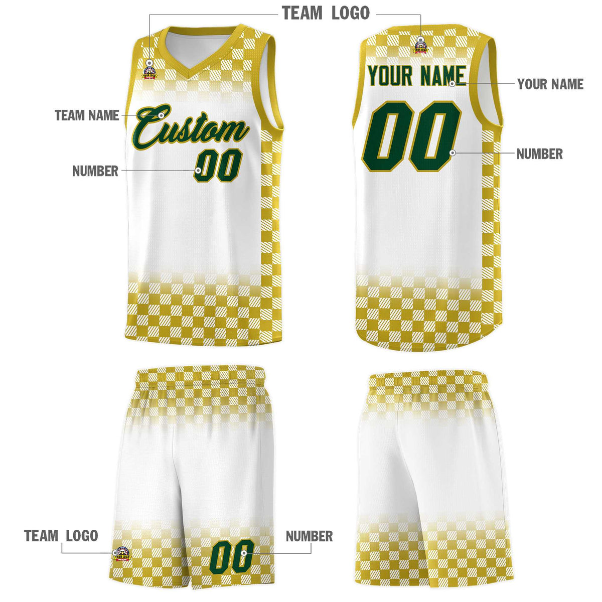 Custom White Old Gold Classic Plaid Pattern Sports Uniform Basketball Jersey