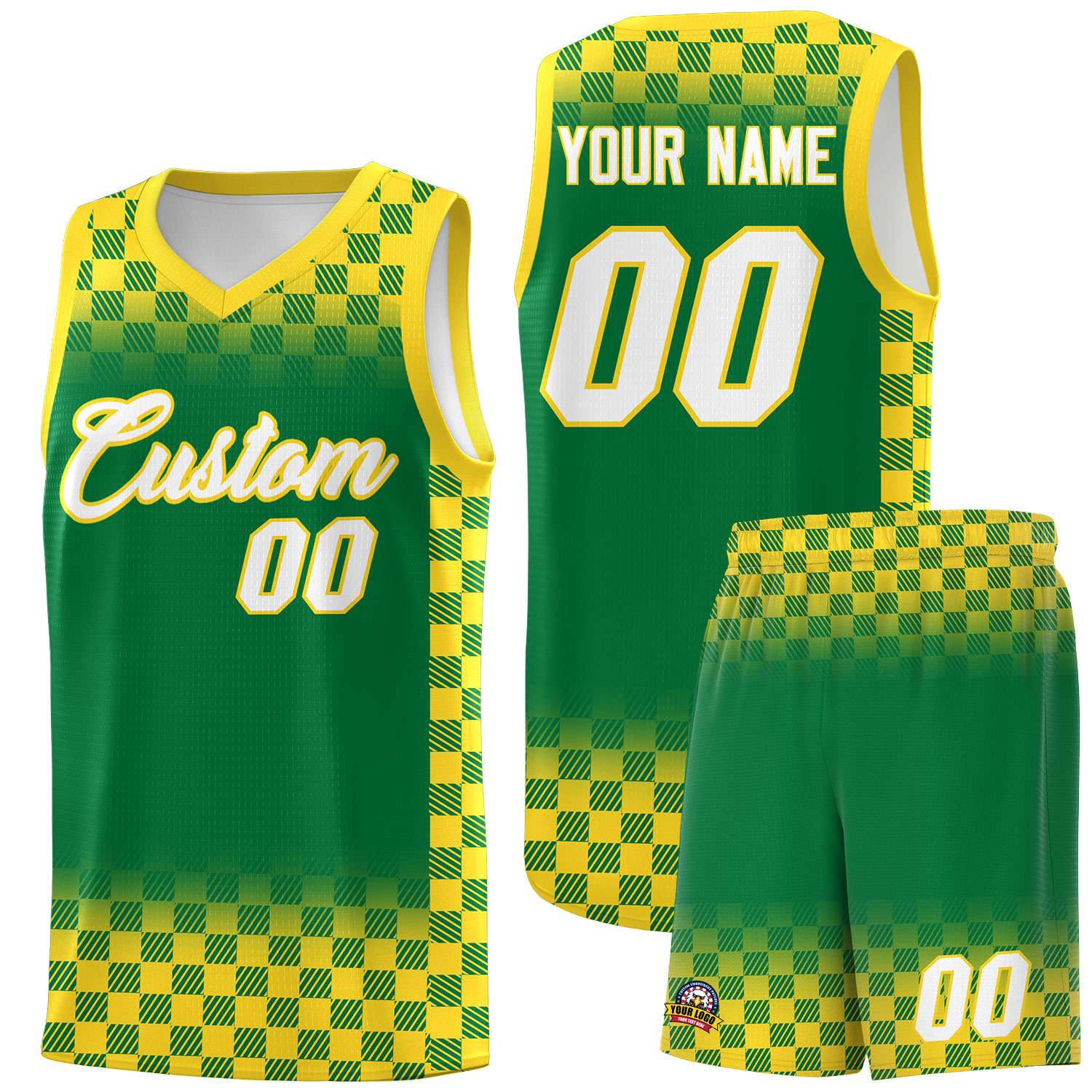 Custom Kelly Green Gold Classic Plaid Pattern Sports Uniform Basketball Jersey