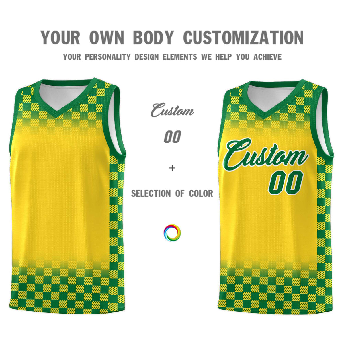 Custom Gold Kelly Green Classic Plaid Pattern Sports Uniform Basketball Jersey