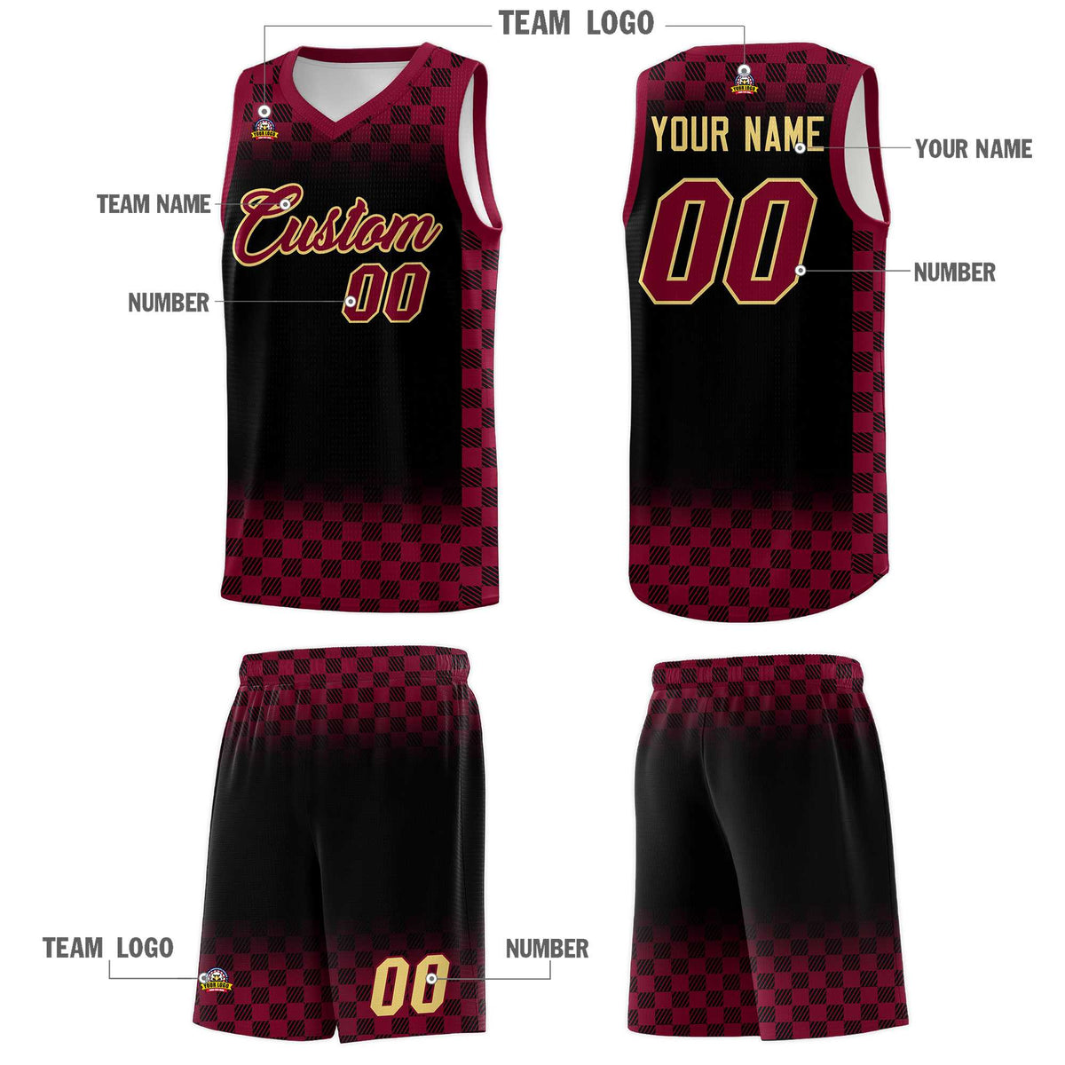 Custom Black Crimson Classic Plaid Pattern Sports Uniform Basketball Jersey