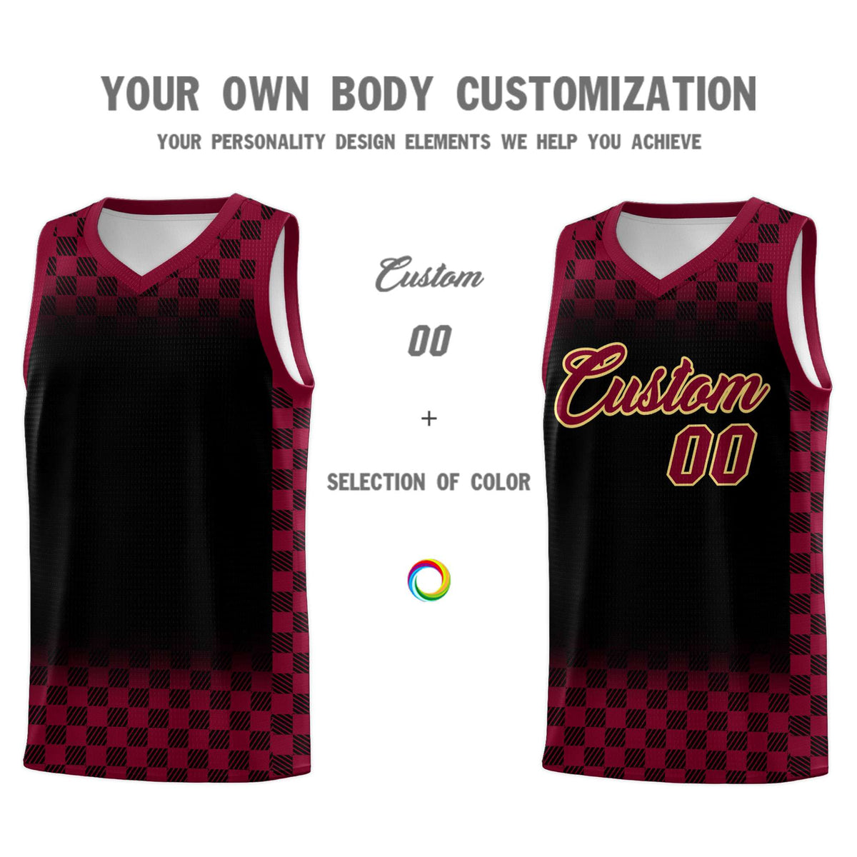 Custom Black Crimson Classic Plaid Pattern Sports Uniform Basketball Jersey